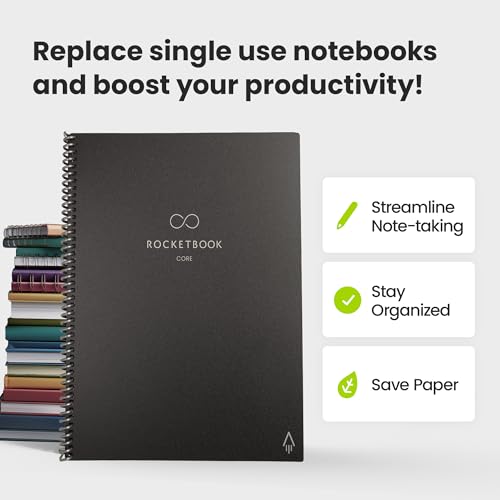 Rocketbook Core Reusable Spiral Notebook, Letter Size 8.5x11, Red - Lined Pages, App-Connected, Erasable, Durable Cover, Ideal for School, Work, and Creative Projects