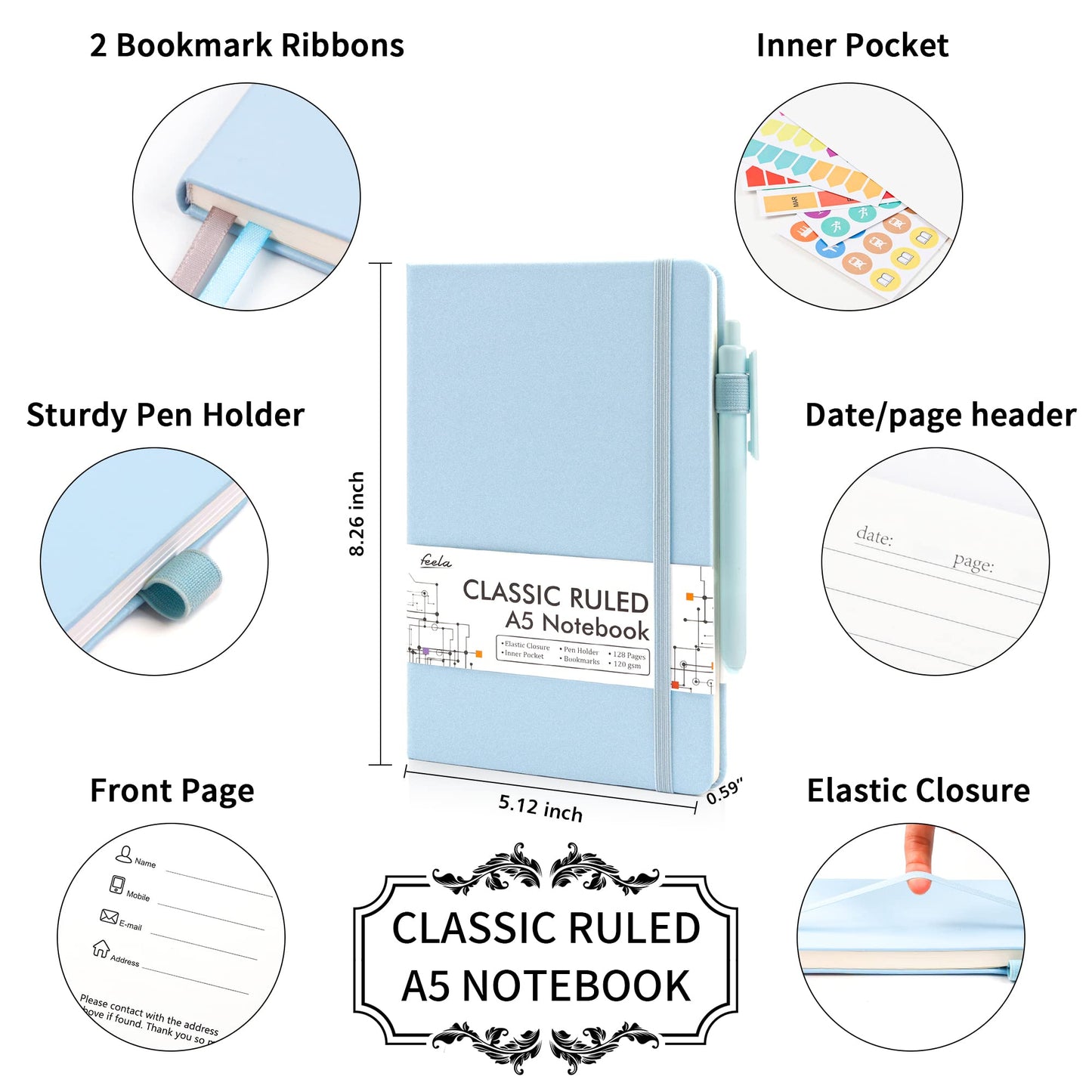 feela 24 Pack Journal Notebook for Work, Business Notebook Bulk Hardcover Lined Writing Journal with Pen Holder for Men Women Note Taking, with 24 Black Pens, 120 GSM, 5.1”x8.3”, A5, Gray