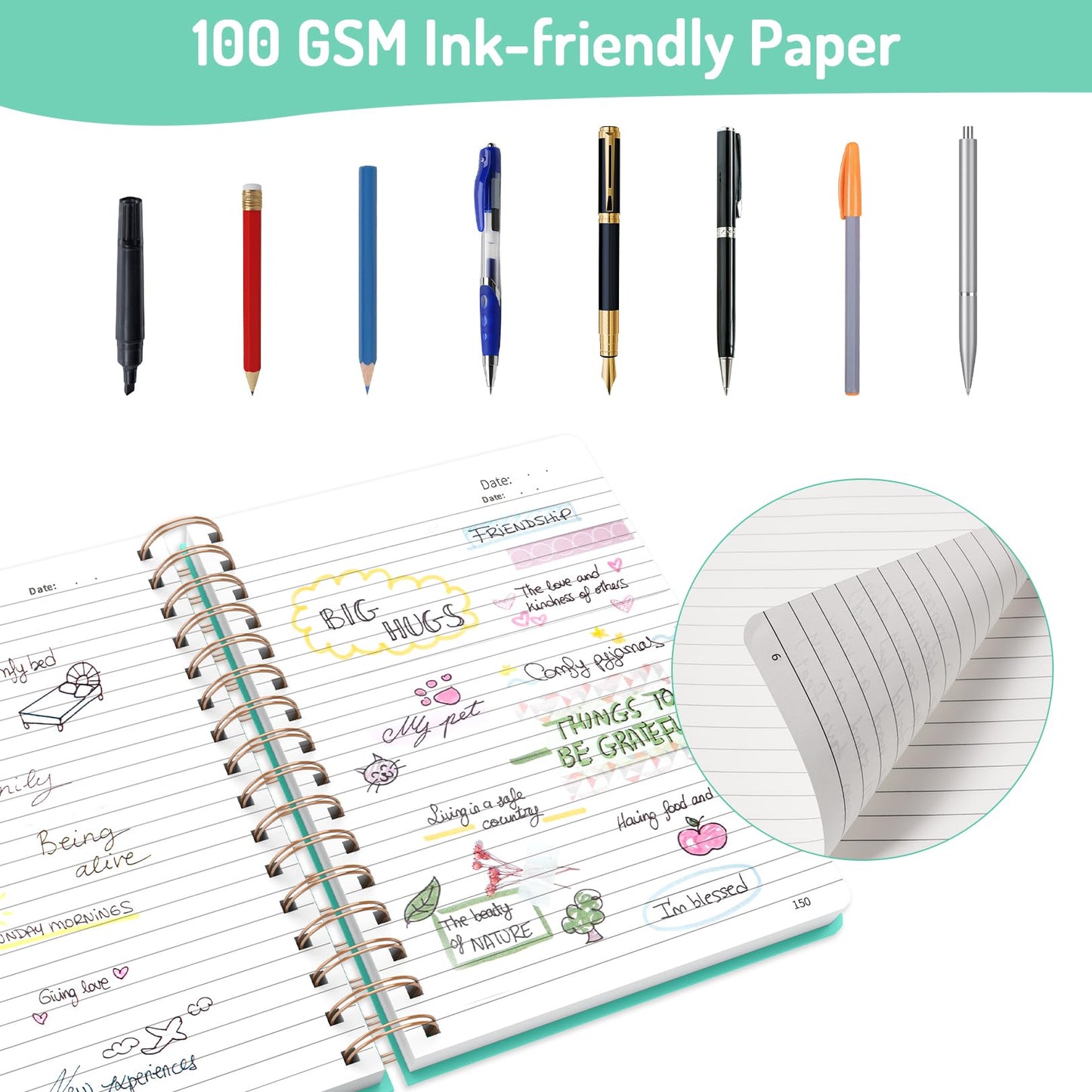 Forvencer Lined Spiral Journal Notebook with 300 Numbered Pages, B5 College Ruled Thick Journals for Writing with 100GSM Paper, Hardcover Notebooks with Contents for Work, School, Women, Men, Black