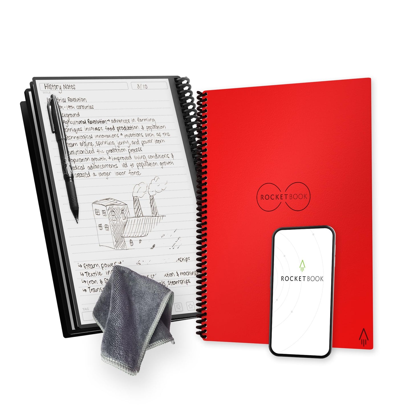 Rocketbook Core Reusable Spiral Notebook, Letter Size 8.5x11, Red - Lined Pages, App-Connected, Erasable, Durable Cover, Ideal for School, Work, and Creative Projects