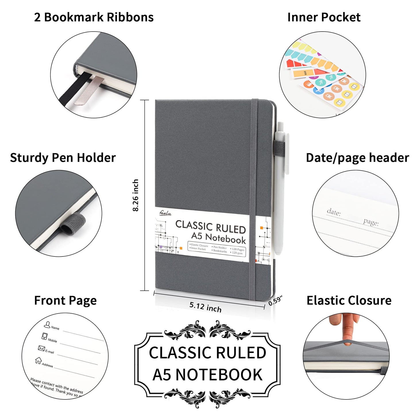 feela 24 Pack Journal Notebook for Work, Business Notebook Bulk Hardcover Lined Writing Journal with Pen Holder for Men Women Note Taking, with 24 Black Pens, 120 GSM, 5.1”x8.3”, A5, Gray