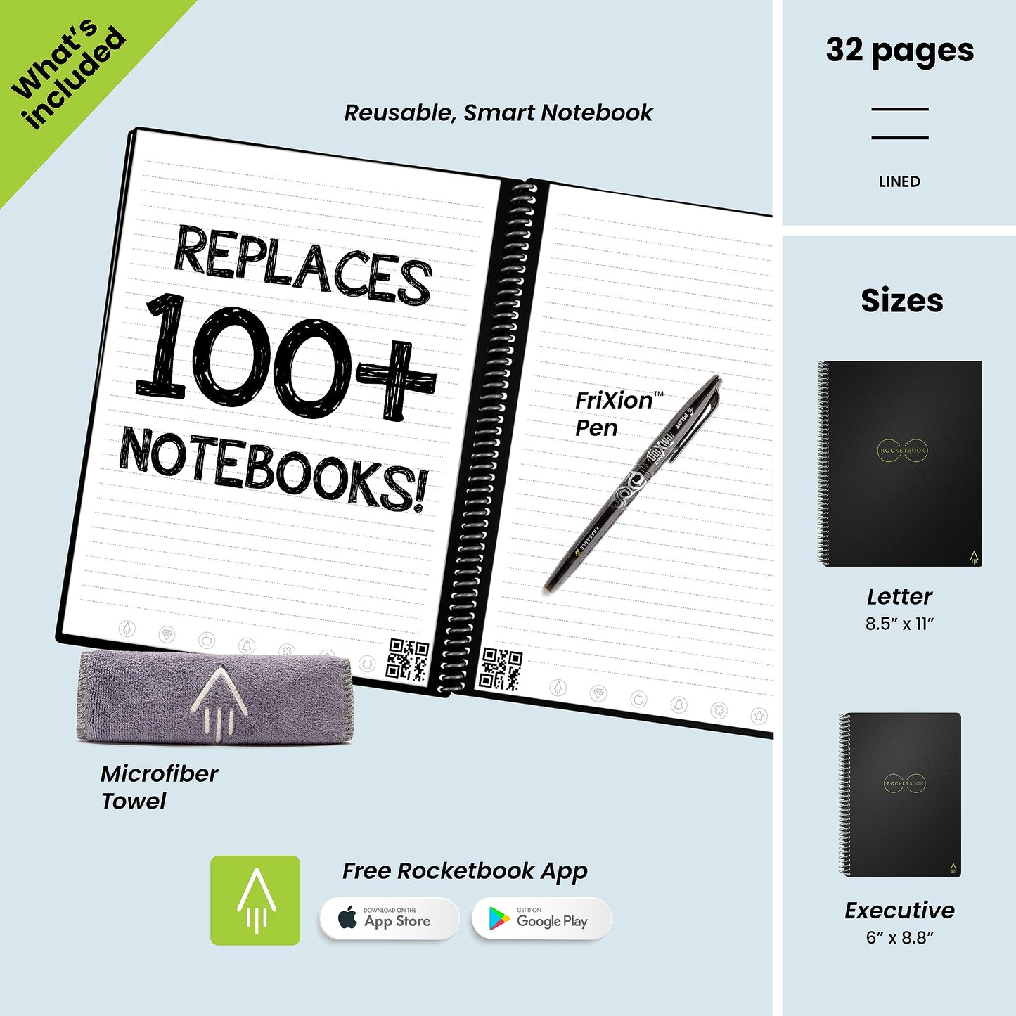 Rocketbook Core Reusable Spiral Notebook, Letter Size 8.5x11, Red - Lined Pages, App-Connected, Erasable, Durable Cover, Ideal for School, Work, and Creative Projects