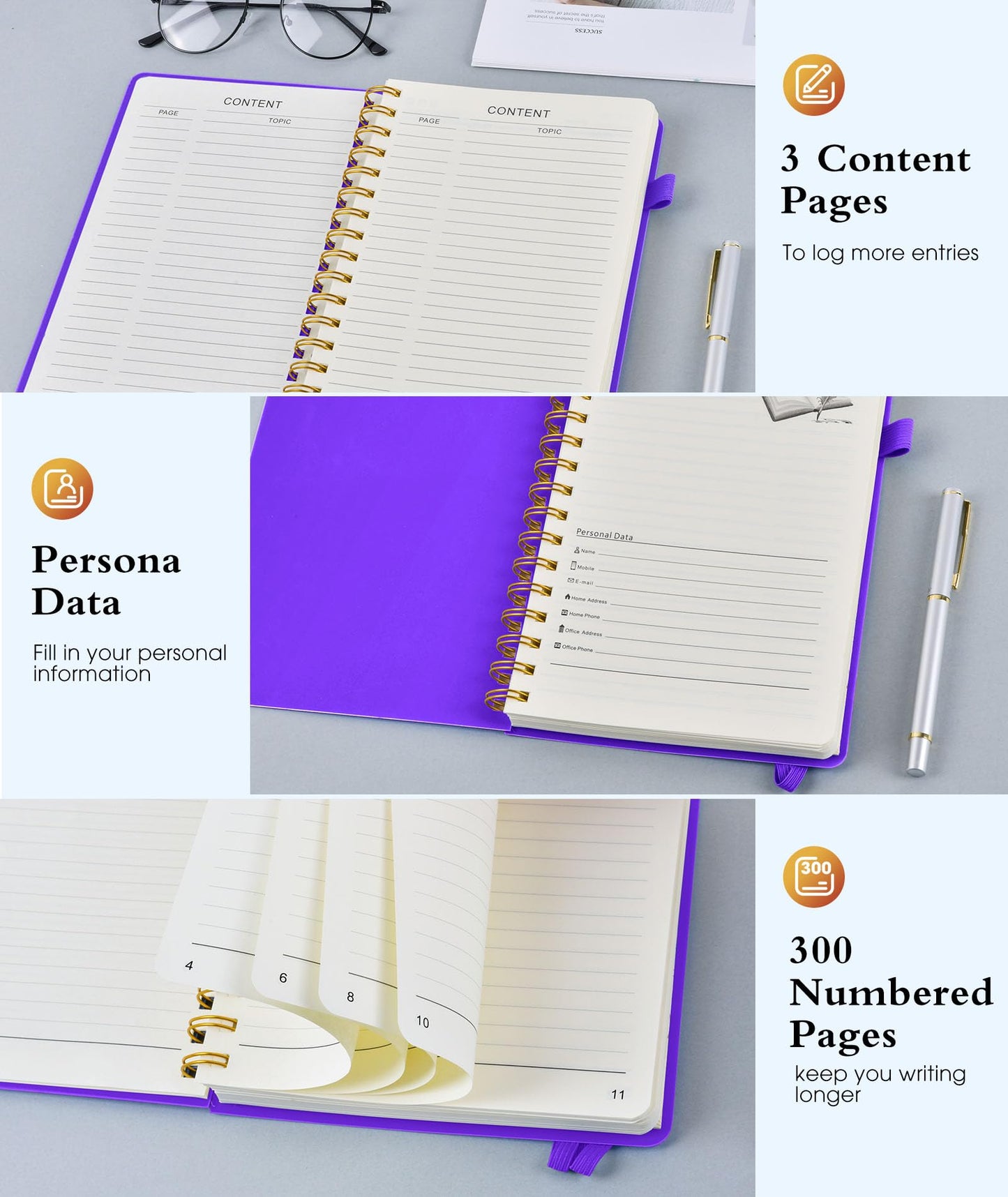 Spiral Notebook Journal 5.8" x 8.4",300 Numbered College Ruled Pages,100 GSM Lined Paper,Plastic Hardcover,Large Spiral Bound Journal for Women Men,A4 Notebooks for School Work Writing Business