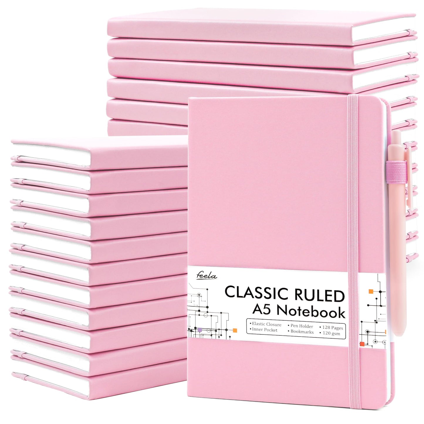 feela 24 Pack Journal Notebook for Work, Business Notebook Bulk Hardcover Lined Writing Journal with Pen Holder for Men Women Note Taking, with 24 Black Pens, 120 GSM, 5.1”x8.3”, A5, Gray