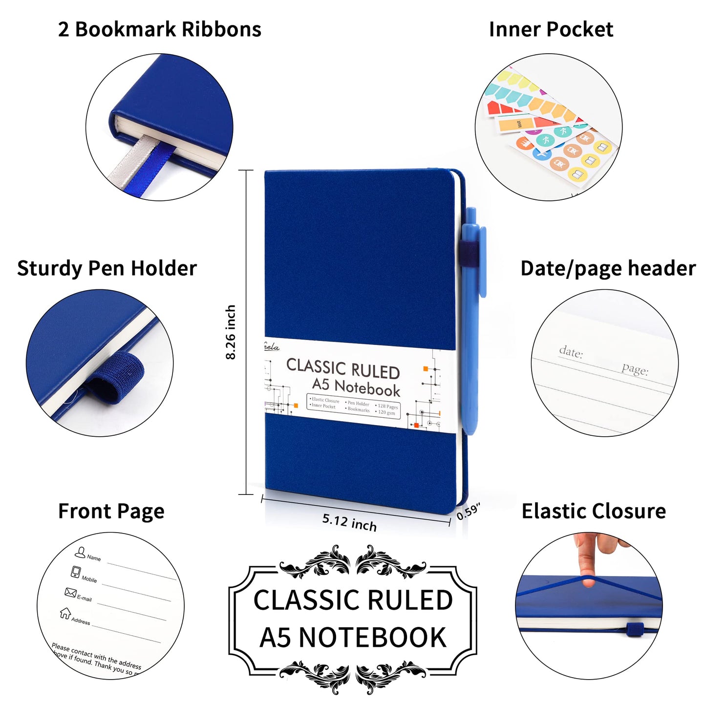 feela 24 Pack Journal Notebook for Work, Business Notebook Bulk Hardcover Lined Writing Journal with Pen Holder for Men Women Note Taking, with 24 Black Pens, 120 GSM, 5.1”x8.3”, A5, Gray