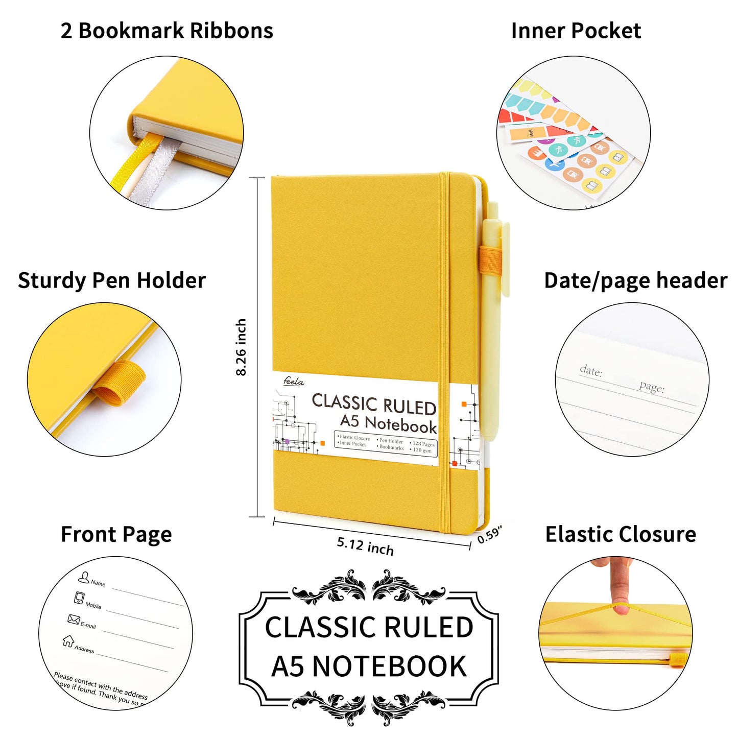 feela 24 Pack Journal Notebook for Work, Business Notebook Bulk Hardcover Lined Writing Journal with Pen Holder for Men Women Note Taking, with 24 Black Pens, 120 GSM, 5.1”x8.3”, A5, Gray