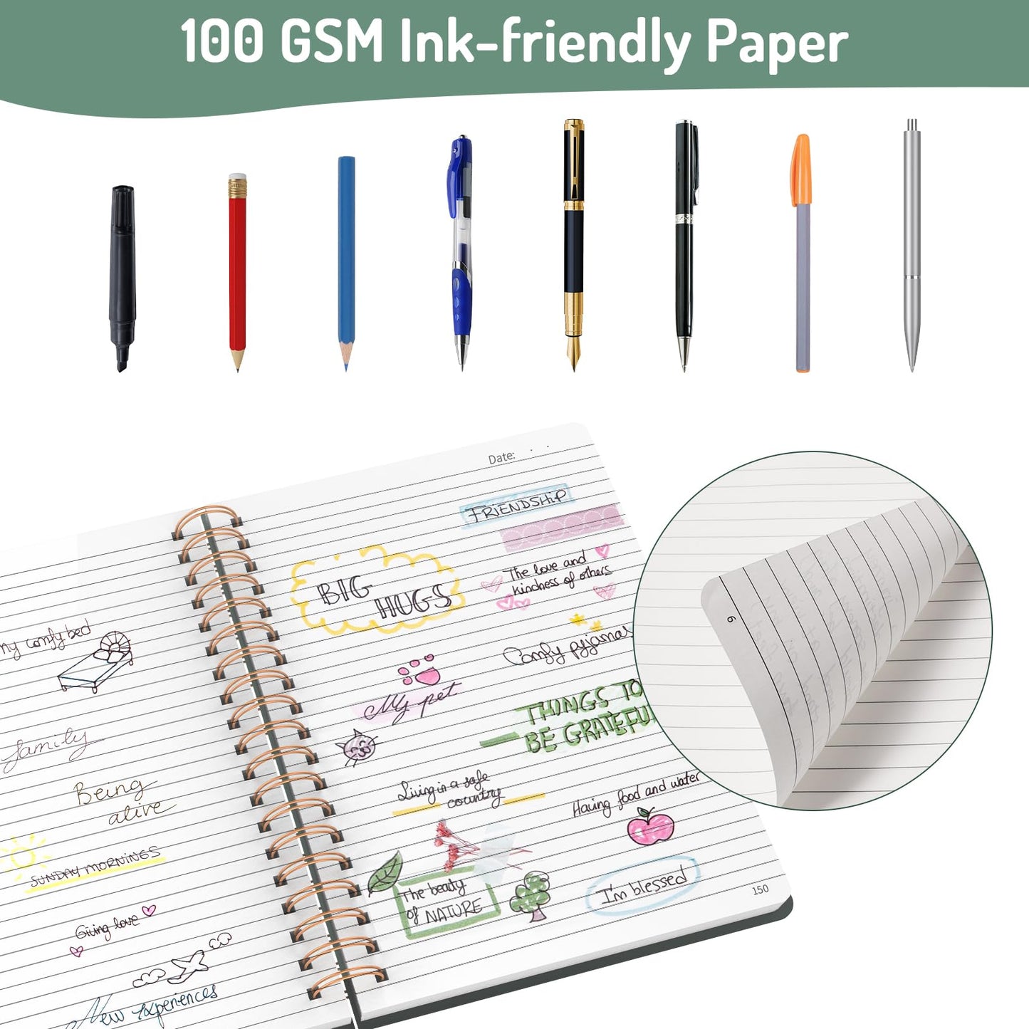 Forvencer Lined Spiral Journal Notebook with 300 Numbered Pages, B5 College Ruled Thick Journals for Writing with 100GSM Paper, Hardcover Notebooks with Contents for Work, School, Women, Men, Black