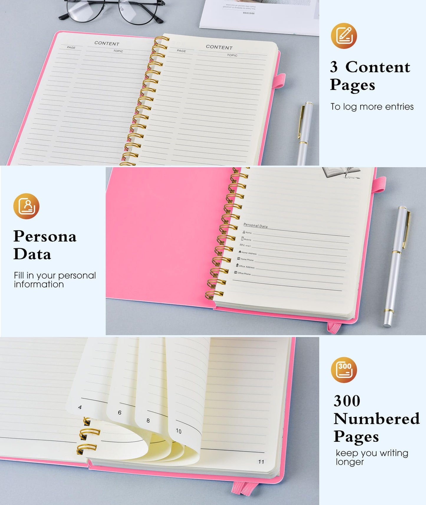 Spiral Notebook Journal 5.8" x 8.4",300 Numbered College Ruled Pages,100 GSM Lined Paper,Plastic Hardcover,Large Spiral Bound Journal for Women Men,A4 Notebooks for School Work Writing Business