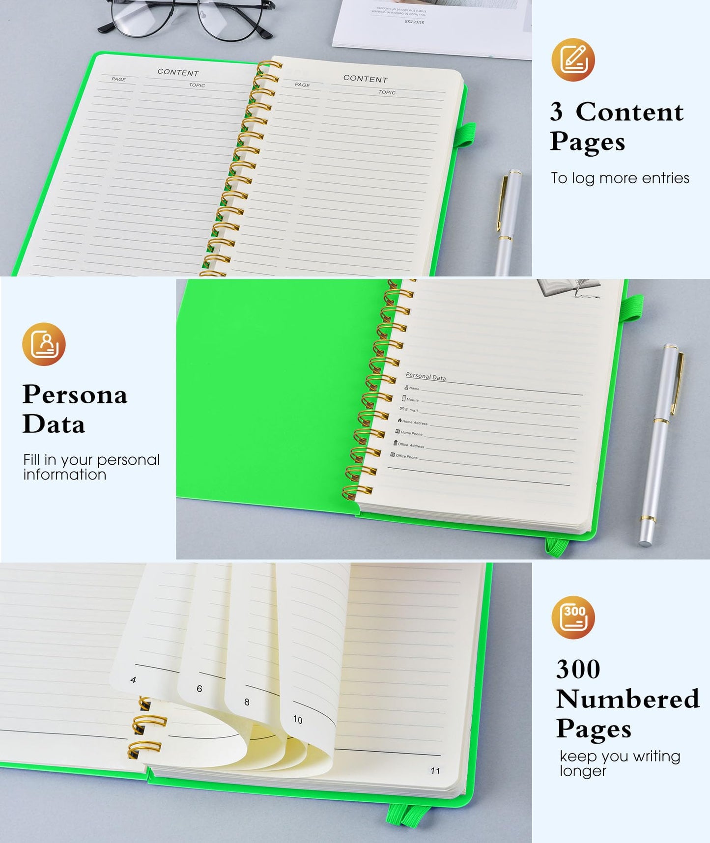 Spiral Notebook Journal 5.8" x 8.4",300 Numbered College Ruled Pages,100 GSM Lined Paper,Plastic Hardcover,Large Spiral Bound Journal for Women Men,A4 Notebooks for School Work Writing Business