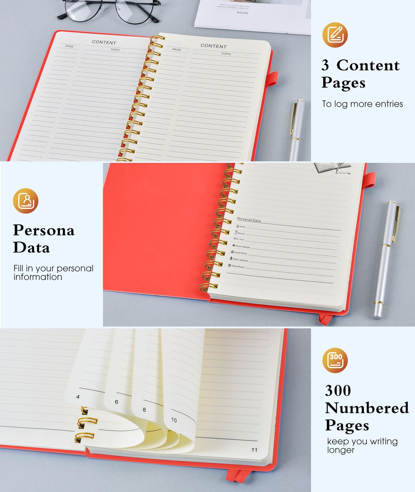 Spiral Notebook Journal 5.8" x 8.4",300 Numbered College Ruled Pages,100 GSM Lined Paper,Plastic Hardcover,Large Spiral Bound Journal for Women Men,A4 Notebooks for School Work Writing Business