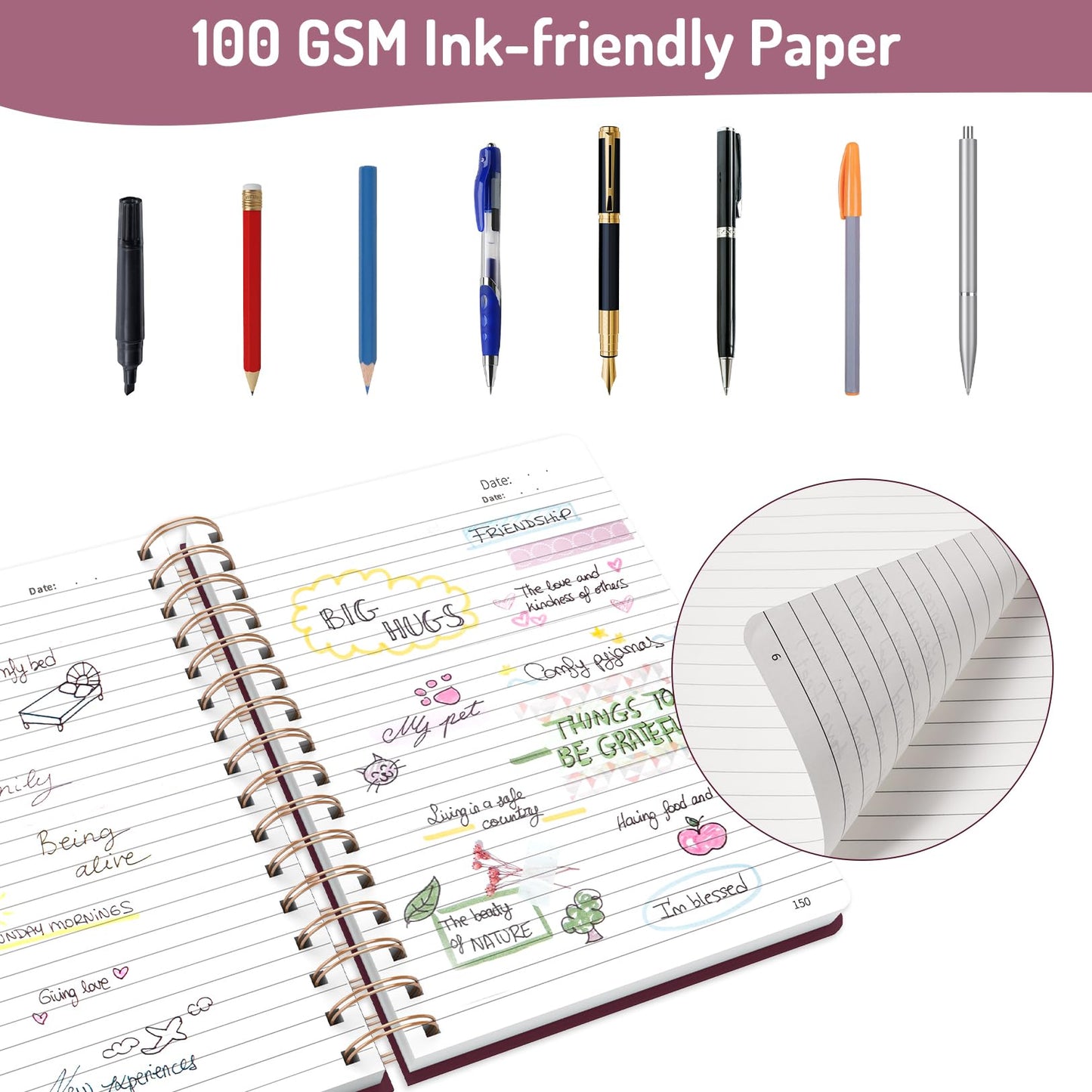 Forvencer Lined Spiral Journal Notebook with 300 Numbered Pages, B5 College Ruled Thick Journals for Writing with 100GSM Paper, Hardcover Notebooks with Contents for Work, School, Women, Men, Black