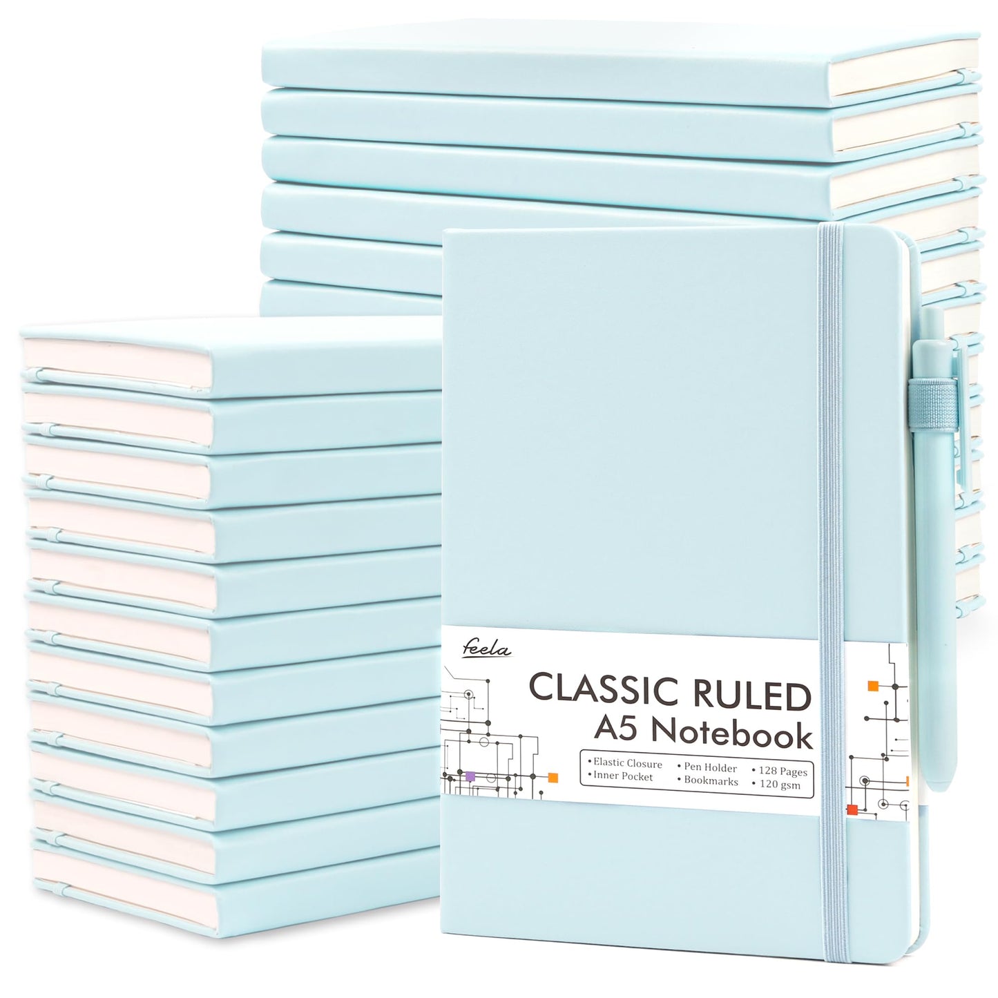 feela 24 Pack Journal Notebook for Work, Business Notebook Bulk Hardcover Lined Writing Journal with Pen Holder for Men Women Note Taking, with 24 Black Pens, 120 GSM, 5.1”x8.3”, A5, Gray