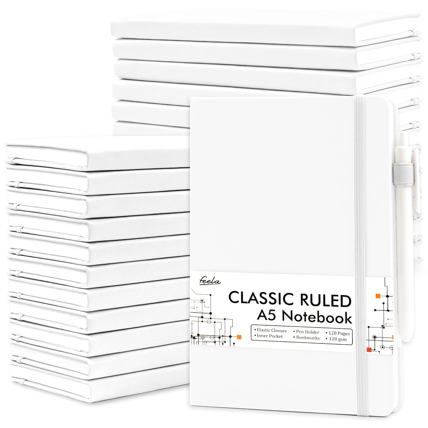 feela 24 Pack Journal Notebook for Work, Business Notebook Bulk Hardcover Lined Writing Journal with Pen Holder for Men Women Note Taking, with 24 Black Pens, 120 GSM, 5.1”x8.3”, A5, Gray