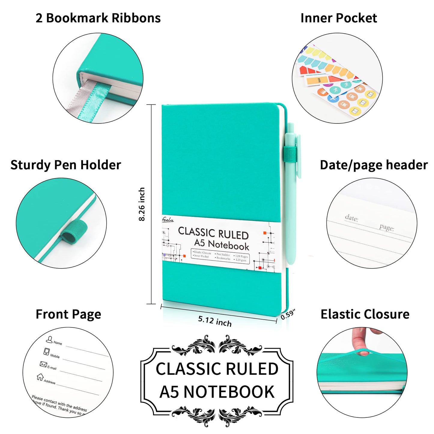 feela 24 Pack Journal Notebook for Work, Business Notebook Bulk Hardcover Lined Writing Journal with Pen Holder for Men Women Note Taking, with 24 Black Pens, 120 GSM, 5.1”x8.3”, A5, Gray