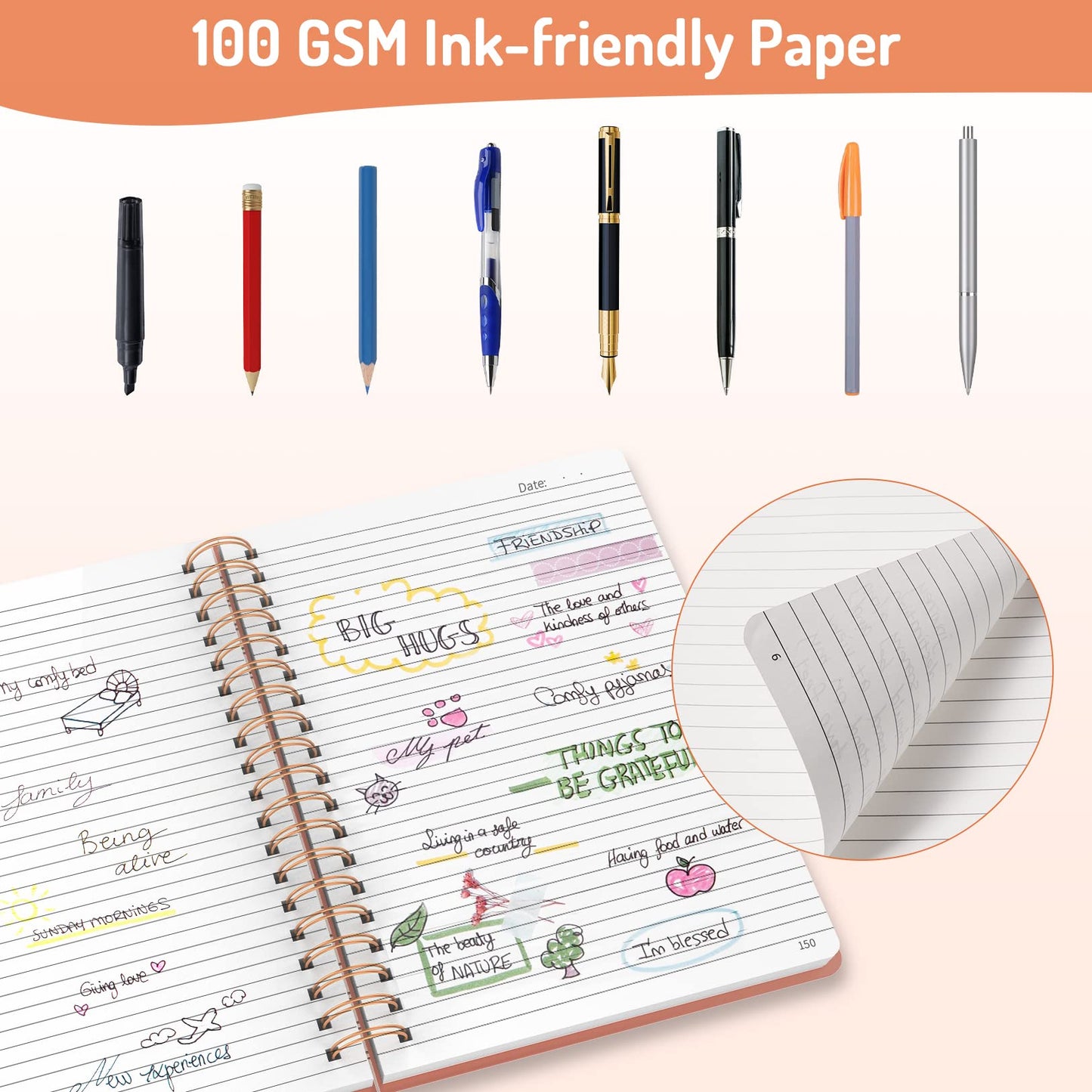 Forvencer Lined Spiral Journal Notebook with 300 Numbered Pages, B5 College Ruled Thick Journals for Writing with 100GSM Paper, Hardcover Notebooks with Contents for Work, School, Women, Men, Black