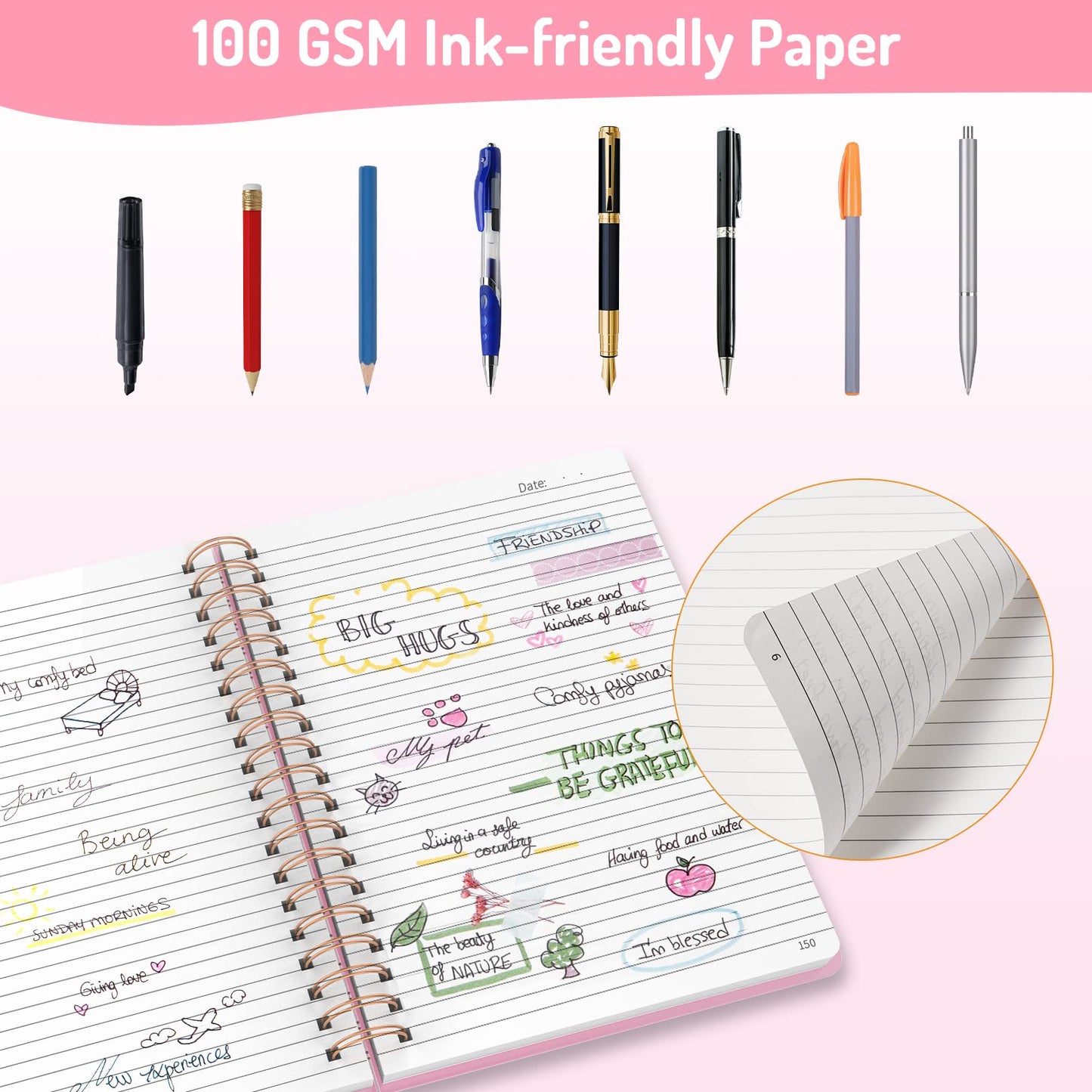 Forvencer Lined Spiral Journal Notebook with 300 Numbered Pages, B5 College Ruled Thick Journals for Writing with 100GSM Paper, Hardcover Notebooks with Contents for Work, School, Women, Men, Black