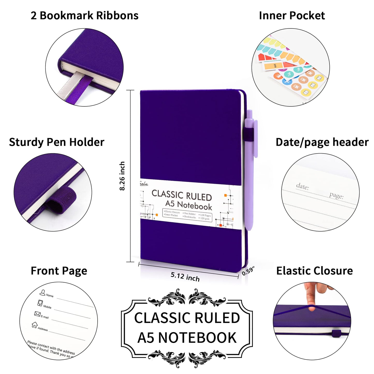 feela 24 Pack Journal Notebook for Work, Business Notebook Bulk Hardcover Lined Writing Journal with Pen Holder for Men Women Note Taking, with 24 Black Pens, 120 GSM, 5.1”x8.3”, A5, Gray