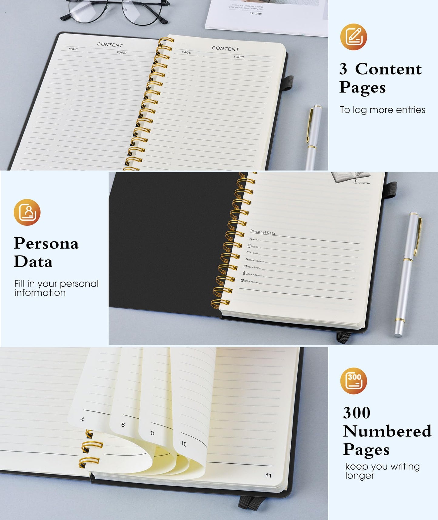 Spiral Notebook Journal 5.8" x 8.4",300 Numbered College Ruled Pages,100 GSM Lined Paper,Plastic Hardcover,Large Spiral Bound Journal for Women Men,A4 Notebooks for School Work Writing Business