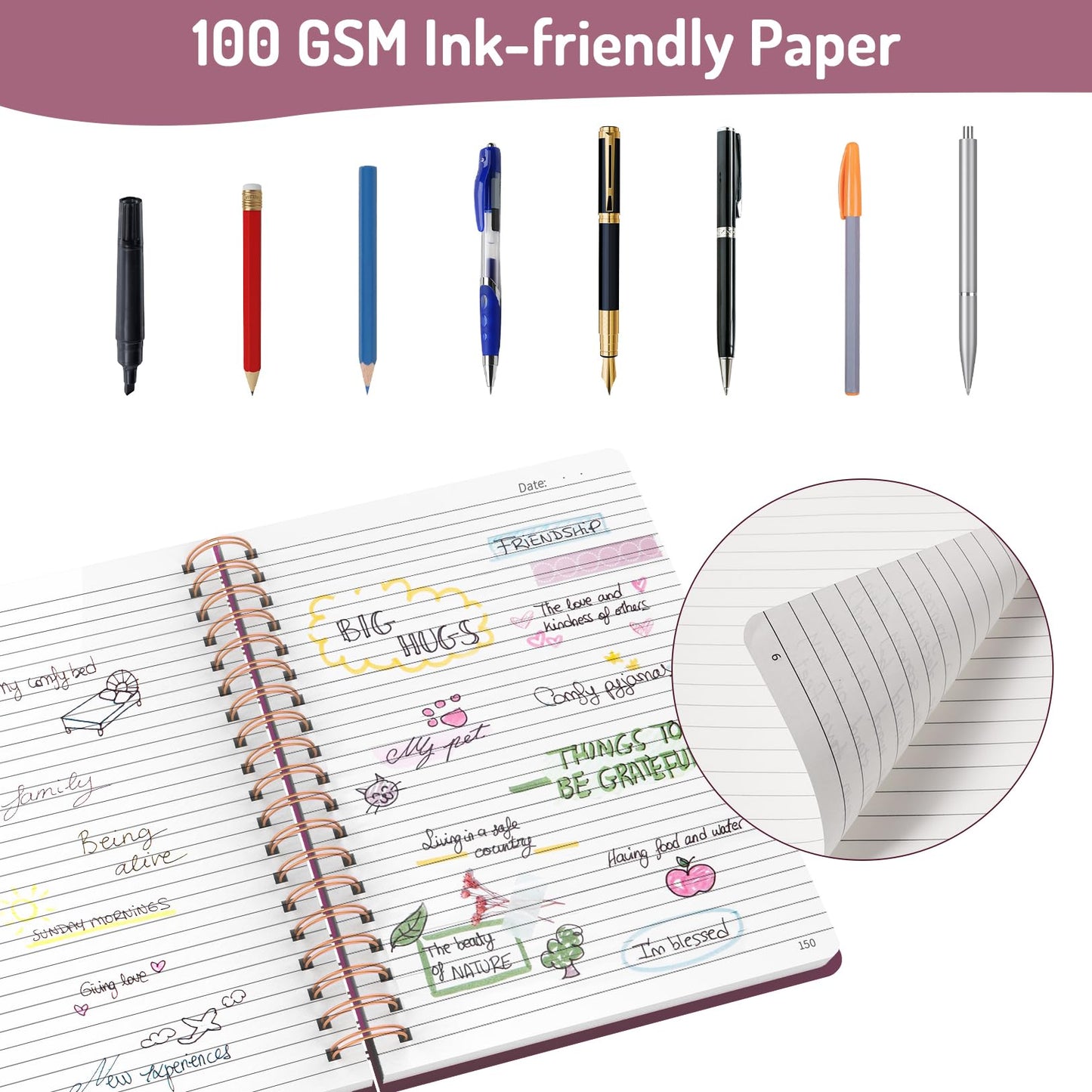 Forvencer Lined Spiral Journal Notebook with 300 Numbered Pages, B5 College Ruled Thick Journals for Writing with 100GSM Paper, Hardcover Notebooks with Contents for Work, School, Women, Men, Black