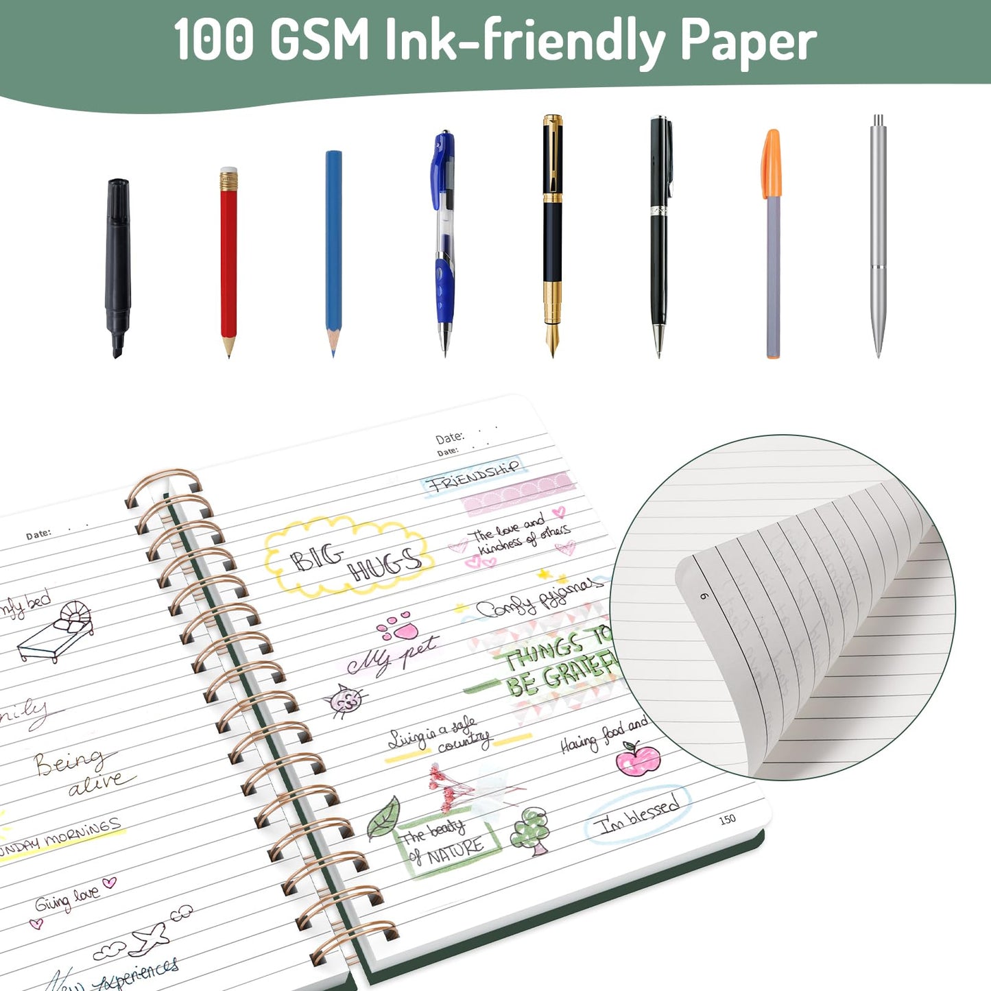 Forvencer Lined Spiral Journal Notebook with 300 Numbered Pages, B5 College Ruled Thick Journals for Writing with 100GSM Paper, Hardcover Notebooks with Contents for Work, School, Women, Men, Black