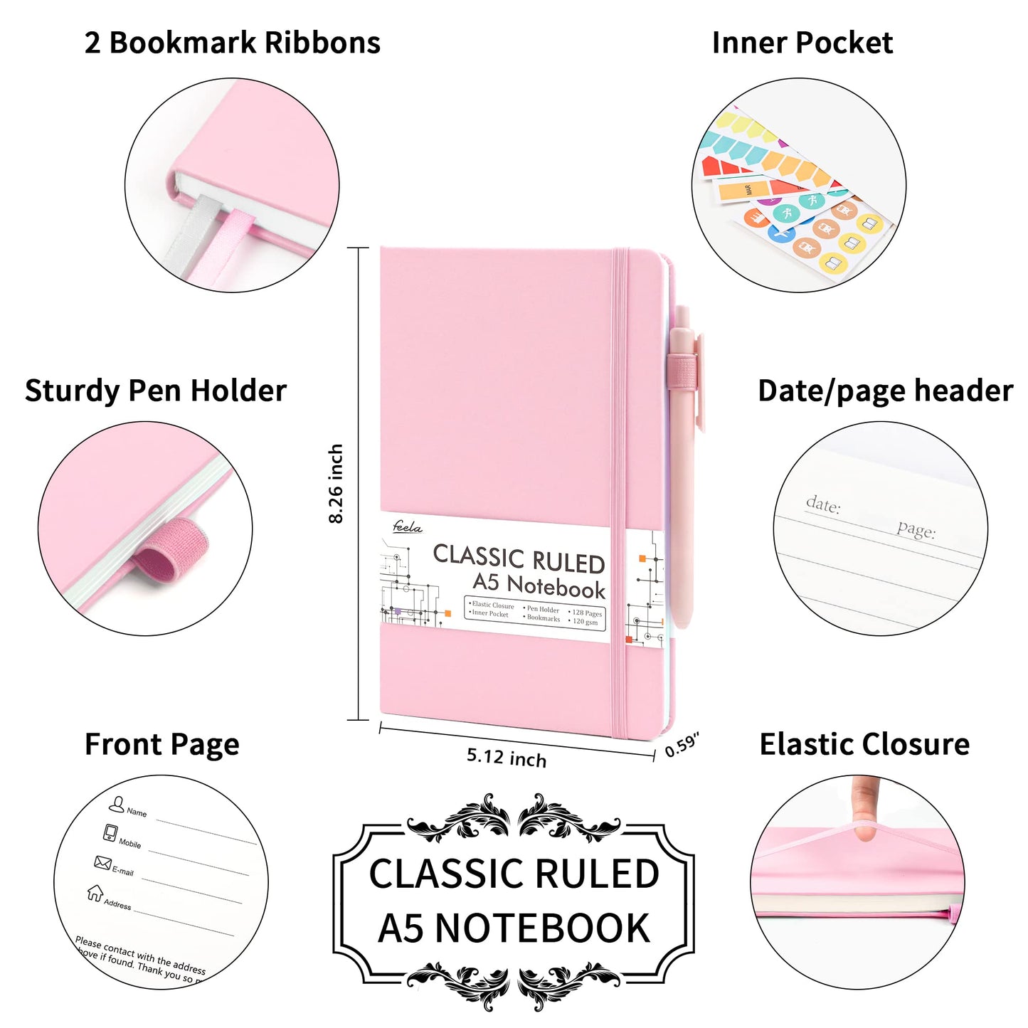 feela 24 Pack Journal Notebook for Work, Business Notebook Bulk Hardcover Lined Writing Journal with Pen Holder for Men Women Note Taking, with 24 Black Pens, 120 GSM, 5.1”x8.3”, A5, Gray