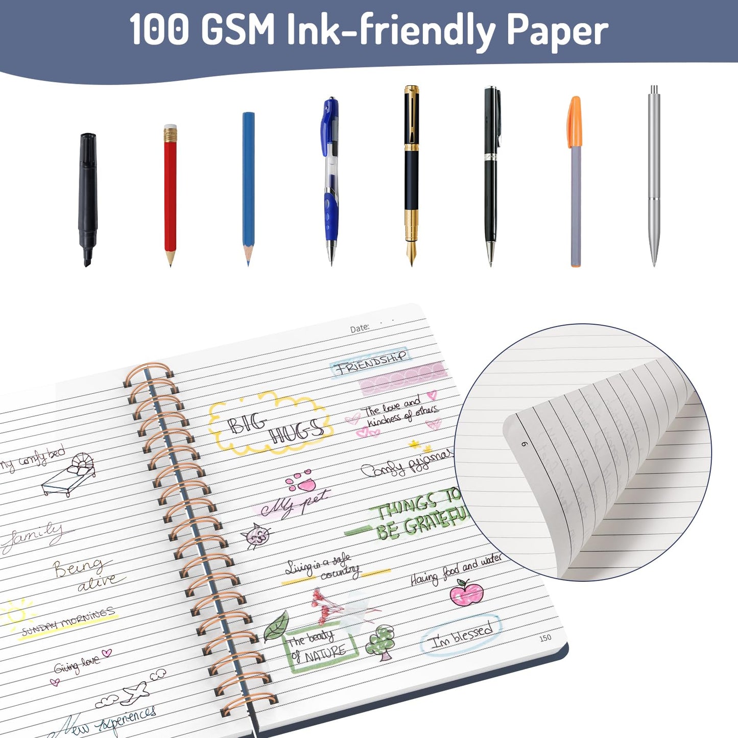 Forvencer Lined Spiral Journal Notebook with 300 Numbered Pages, B5 College Ruled Thick Journals for Writing with 100GSM Paper, Hardcover Notebooks with Contents for Work, School, Women, Men, Black