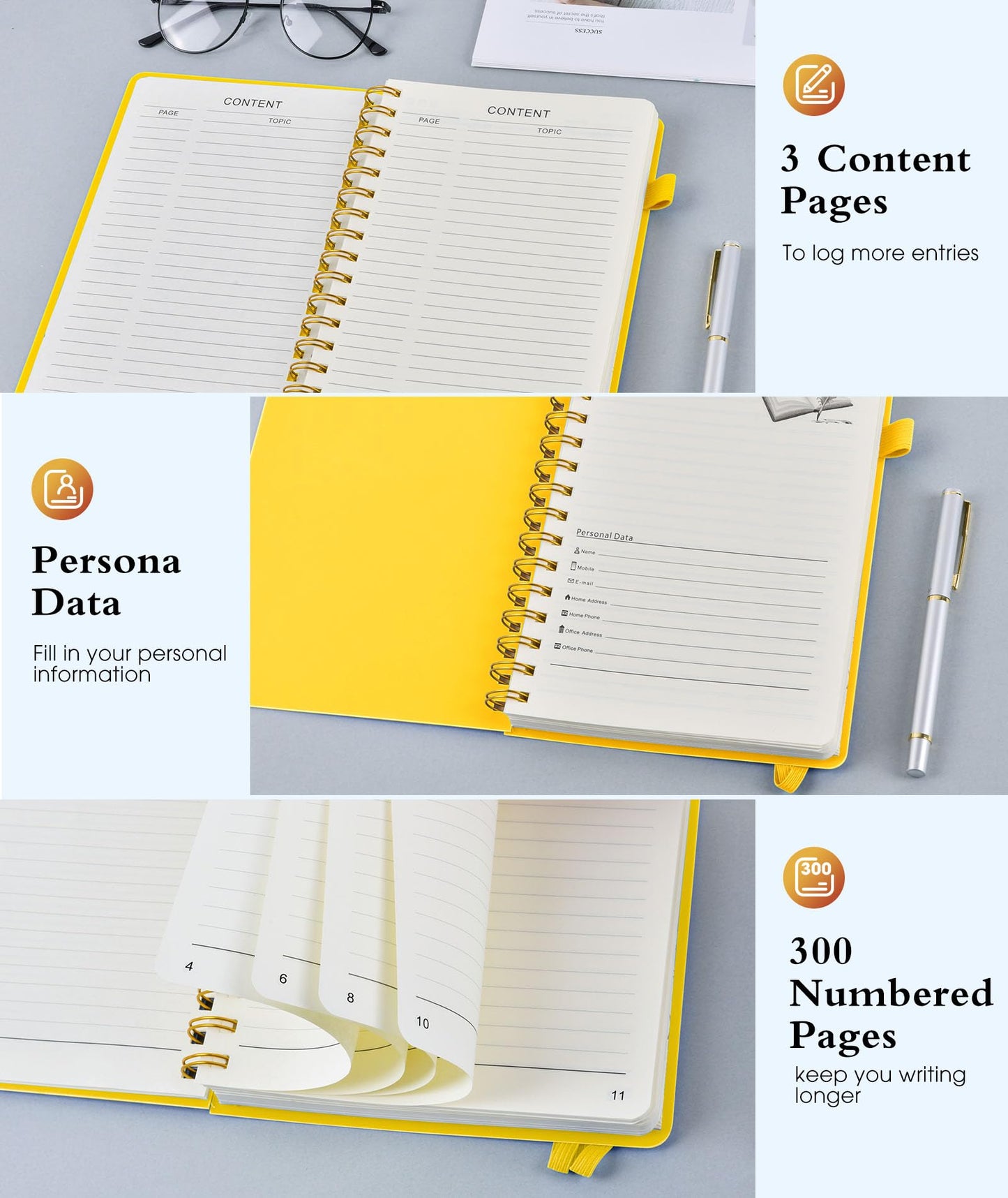 Spiral Notebook Journal 5.8" x 8.4",300 Numbered College Ruled Pages,100 GSM Lined Paper,Plastic Hardcover,Large Spiral Bound Journal for Women Men,A4 Notebooks for School Work Writing Business