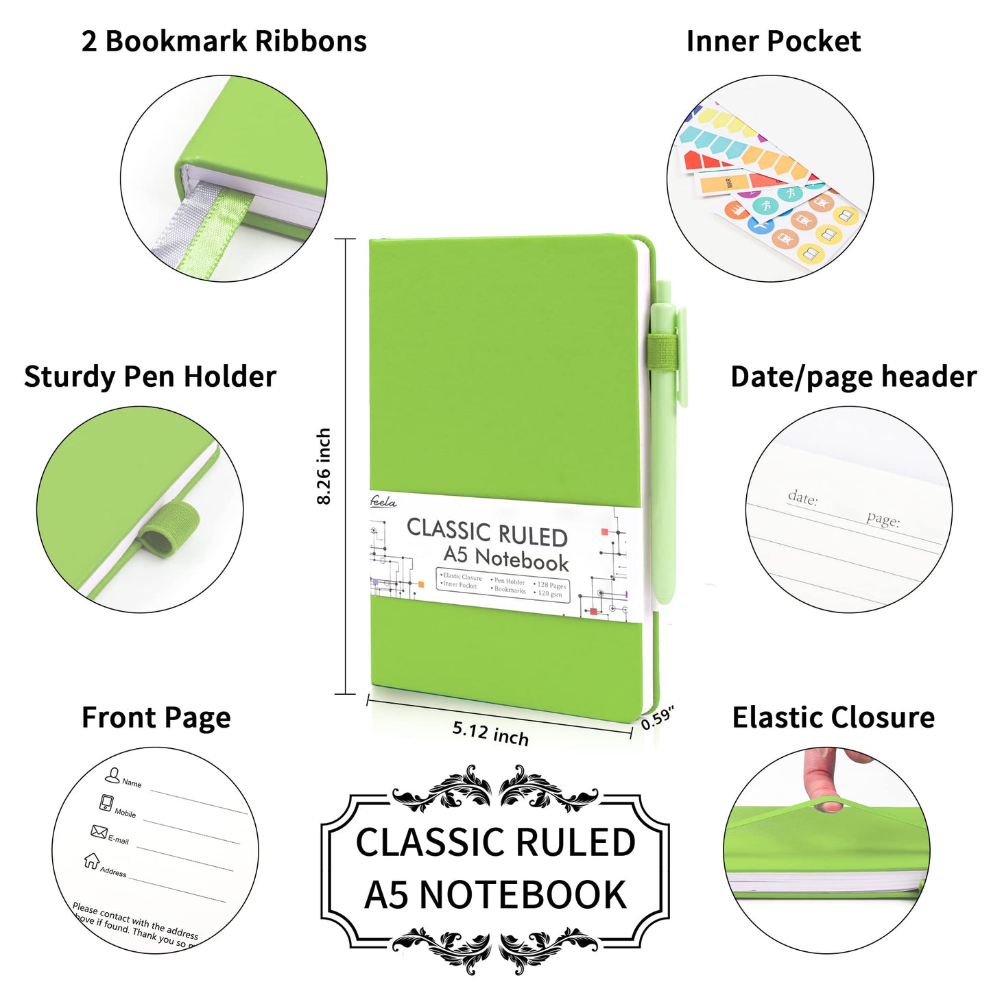 feela 24 Pack Journal Notebook for Work, Business Notebook Bulk Hardcover Lined Writing Journal with Pen Holder for Men Women Note Taking, with 24 Black Pens, 120 GSM, 5.1”x8.3”, A5, Gray