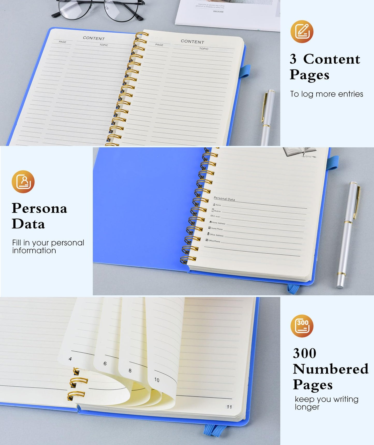 Spiral Notebook Journal 5.8" x 8.4",300 Numbered College Ruled Pages,100 GSM Lined Paper,Plastic Hardcover,Large Spiral Bound Journal for Women Men,A4 Notebooks for School Work Writing Business