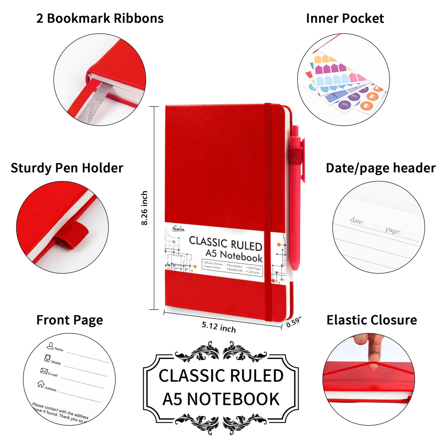 feela 24 Pack Journal Notebook for Work, Business Notebook Bulk Hardcover Lined Writing Journal with Pen Holder for Men Women Note Taking, with 24 Black Pens, 120 GSM, 5.1”x8.3”, A5, Gray