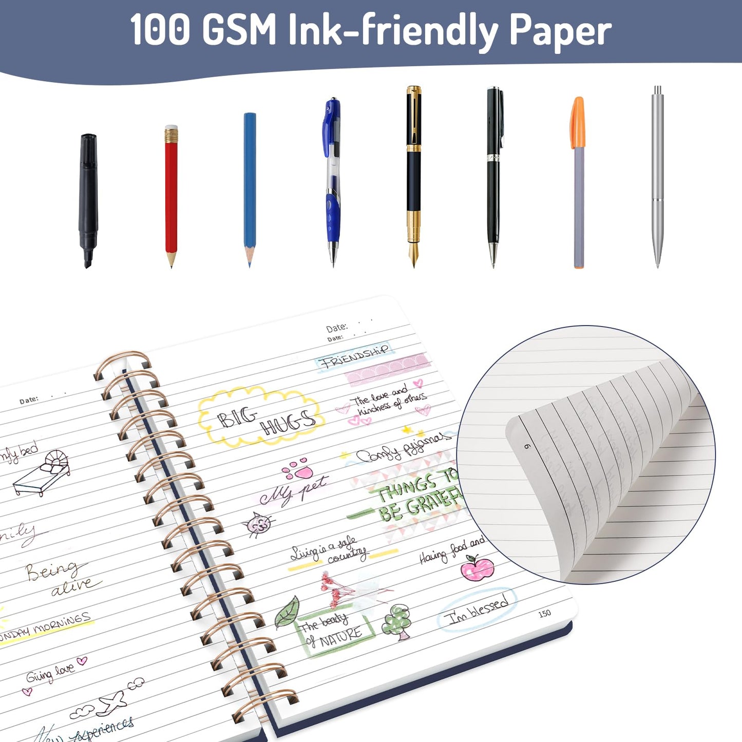 Forvencer Lined Spiral Journal Notebook with 300 Numbered Pages, B5 College Ruled Thick Journals for Writing with 100GSM Paper, Hardcover Notebooks with Contents for Work, School, Women, Men, Black