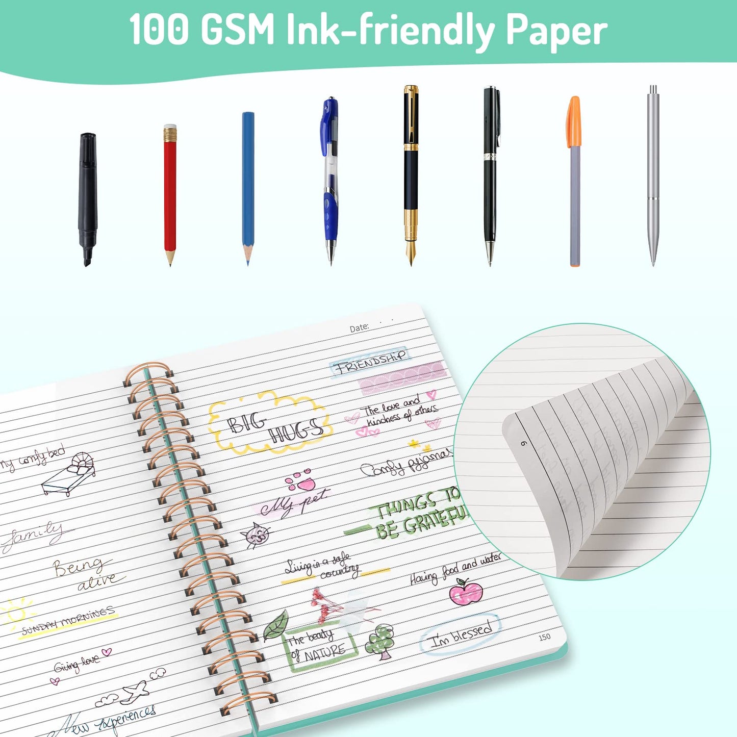 Forvencer Lined Spiral Journal Notebook with 300 Numbered Pages, B5 College Ruled Thick Journals for Writing with 100GSM Paper, Hardcover Notebooks with Contents for Work, School, Women, Men, Black