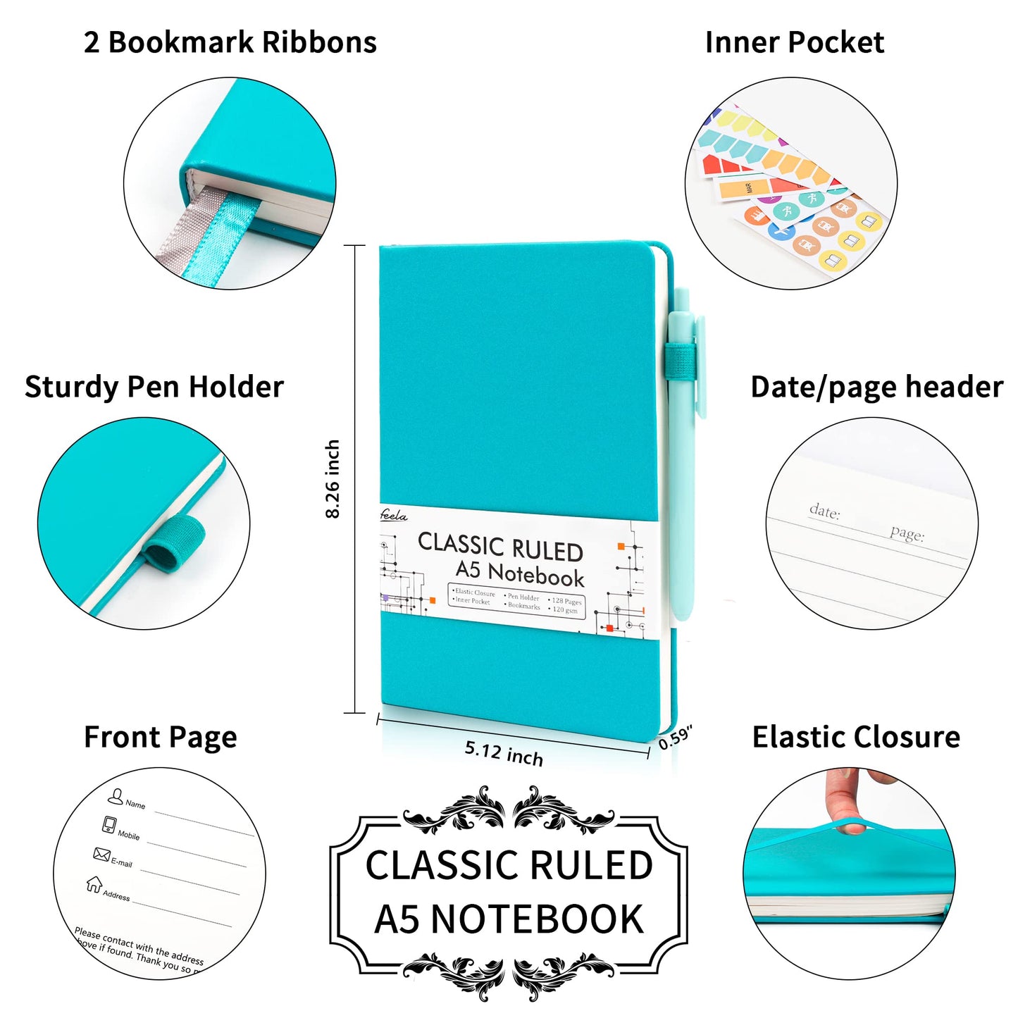 feela 24 Pack Journal Notebook for Work, Business Notebook Bulk Hardcover Lined Writing Journal with Pen Holder for Men Women Note Taking, with 24 Black Pens, 120 GSM, 5.1”x8.3”, A5, Gray