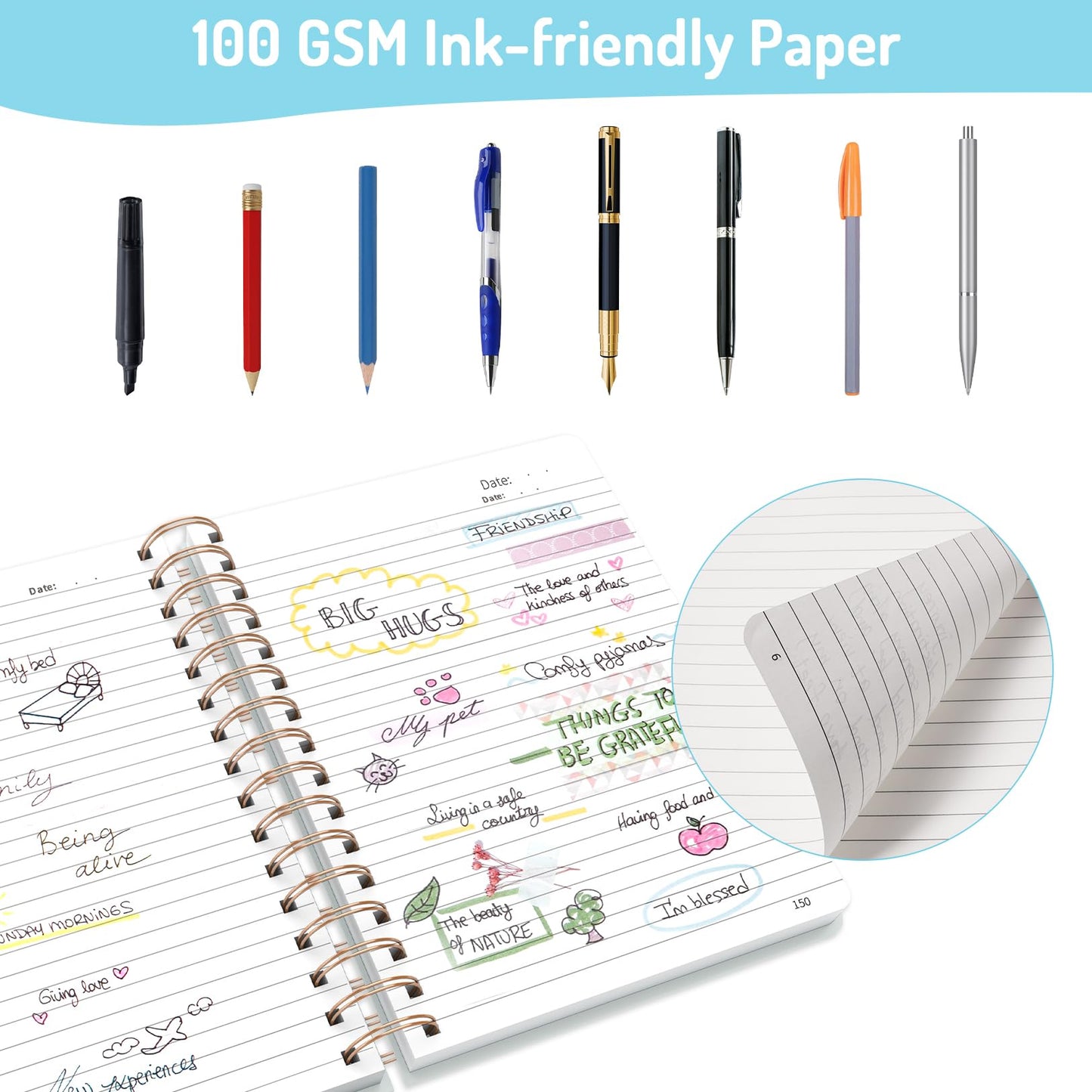 Forvencer Lined Spiral Journal Notebook with 300 Numbered Pages, B5 College Ruled Thick Journals for Writing with 100GSM Paper, Hardcover Notebooks with Contents for Work, School, Women, Men, Black