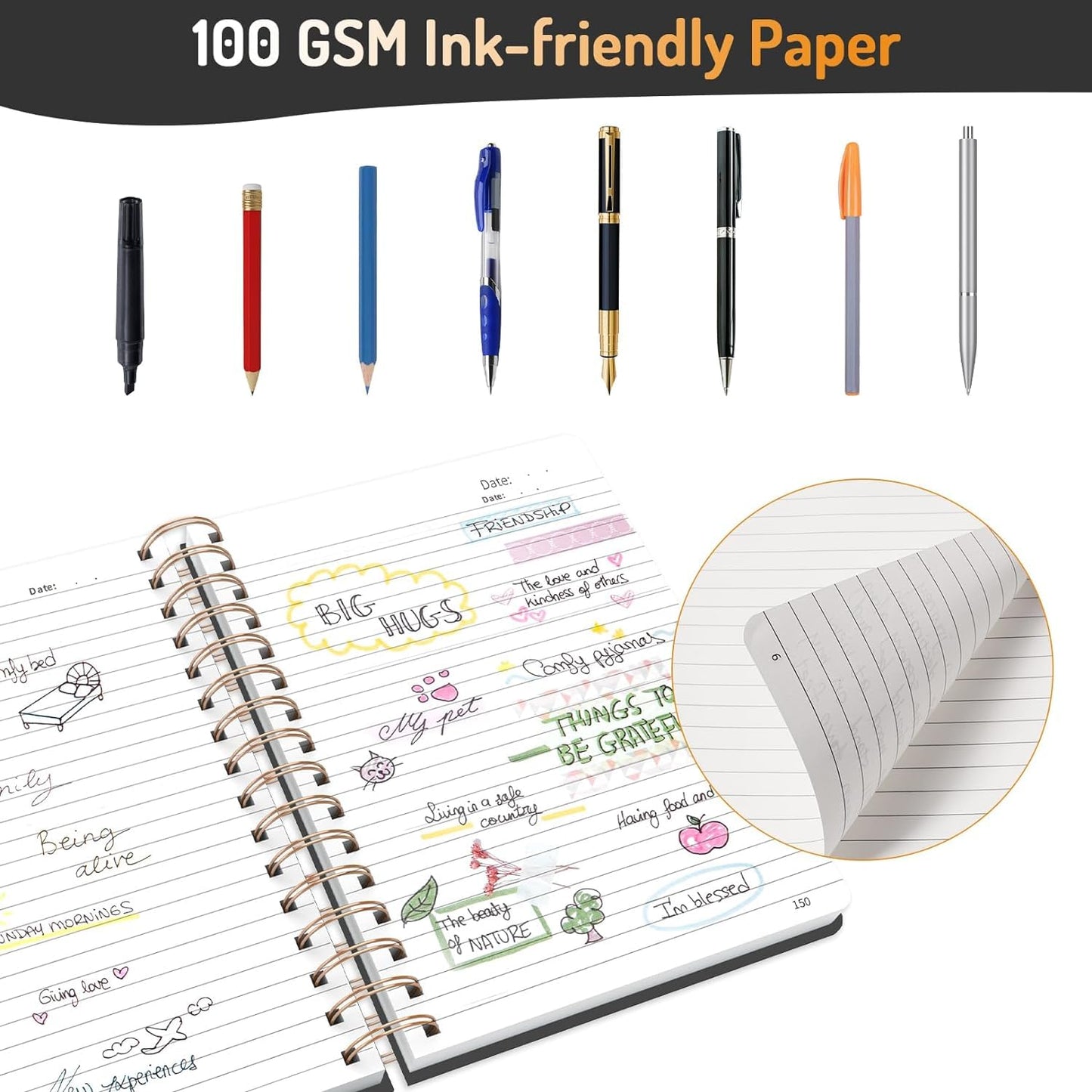 Forvencer Lined Spiral Journal Notebook with 300 Numbered Pages, B5 College Ruled Thick Journals for Writing with 100GSM Paper, Hardcover Notebooks with Contents for Work, School, Women, Men, Black