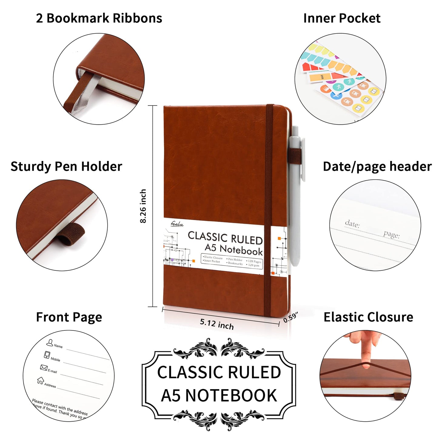 feela 24 Pack Journal Notebook for Work, Business Notebook Bulk Hardcover Lined Writing Journal with Pen Holder for Men Women Note Taking, with 24 Black Pens, 120 GSM, 5.1”x8.3”, A5, Gray