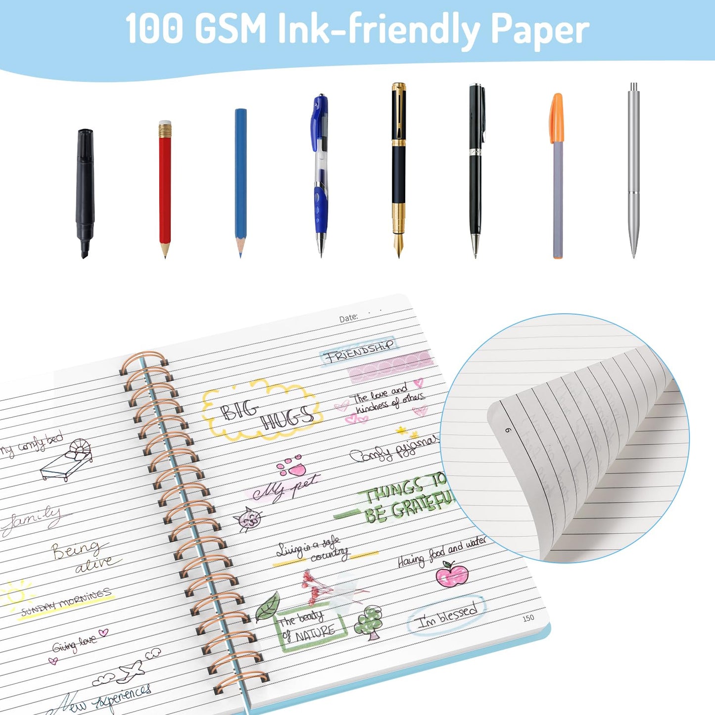 Forvencer Lined Spiral Journal Notebook with 300 Numbered Pages, B5 College Ruled Thick Journals for Writing with 100GSM Paper, Hardcover Notebooks with Contents for Work, School, Women, Men, Black