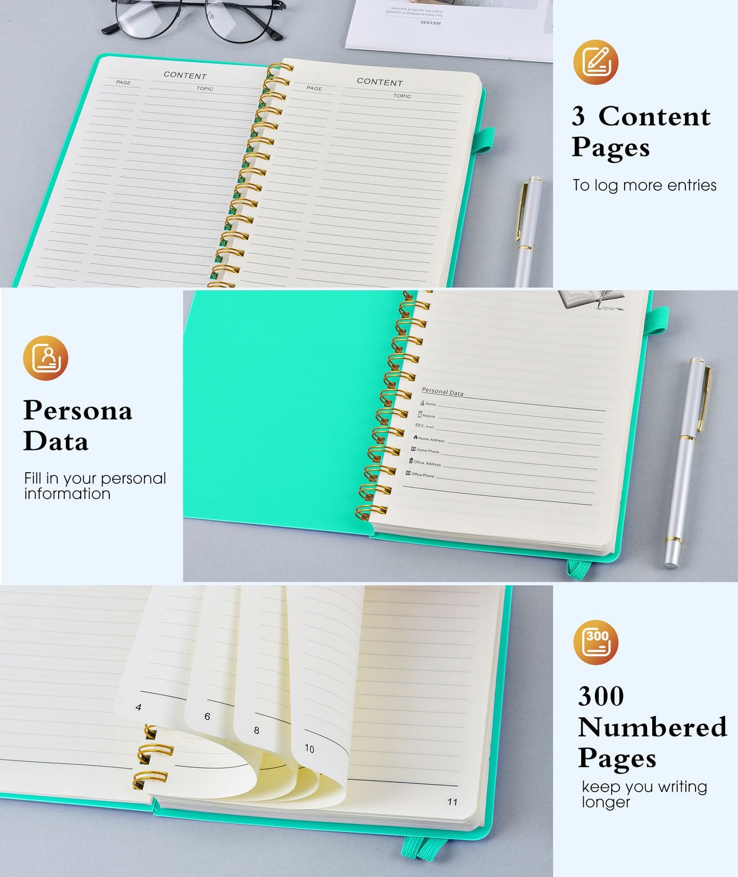 Spiral Notebook Journal 5.8" x 8.4",300 Numbered College Ruled Pages,100 GSM Lined Paper,Plastic Hardcover,Large Spiral Bound Journal for Women Men,A4 Notebooks for School Work Writing Business