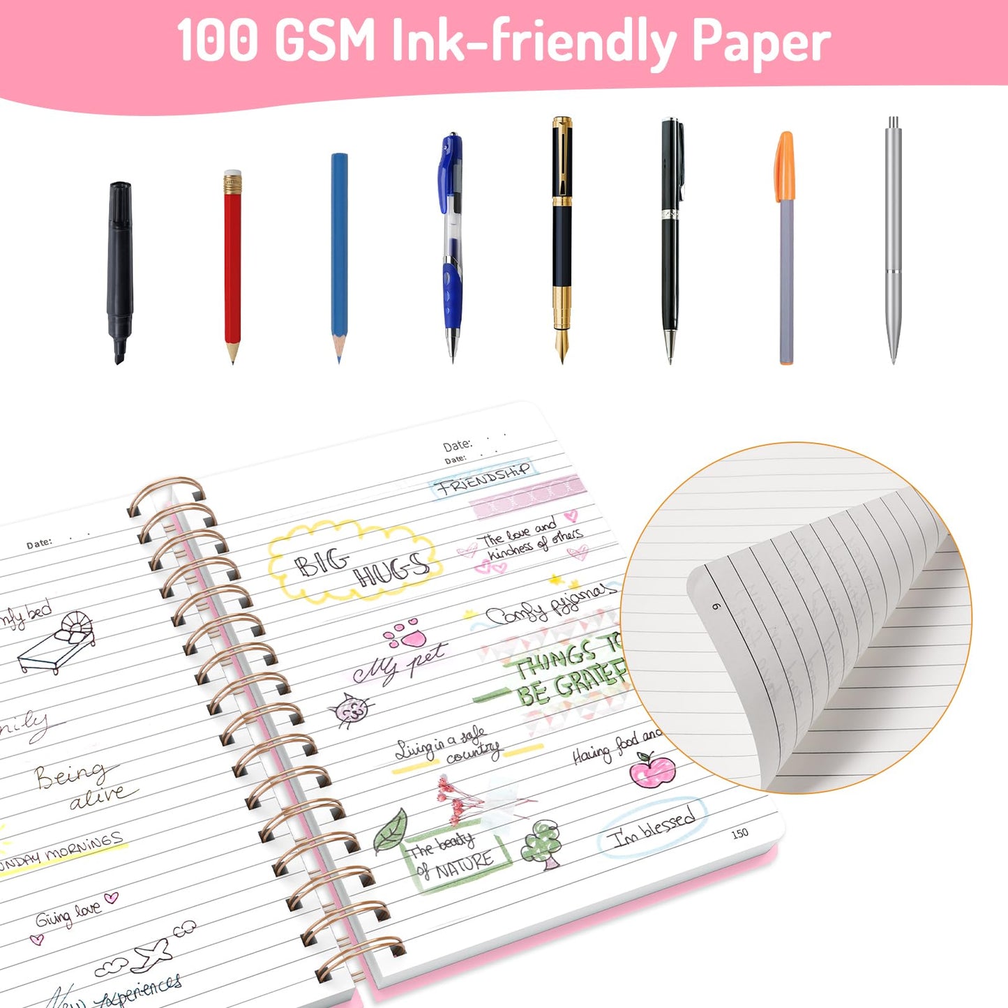 Forvencer Lined Spiral Journal Notebook with 300 Numbered Pages, B5 College Ruled Thick Journals for Writing with 100GSM Paper, Hardcover Notebooks with Contents for Work, School, Women, Men, Black
