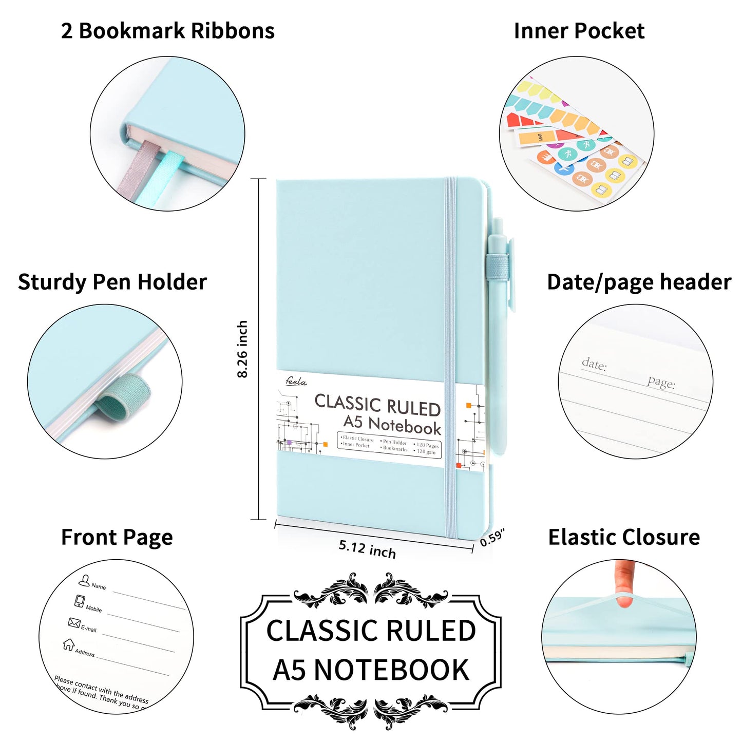 feela 24 Pack Journal Notebook for Work, Business Notebook Bulk Hardcover Lined Writing Journal with Pen Holder for Men Women Note Taking, with 24 Black Pens, 120 GSM, 5.1”x8.3”, A5, Gray