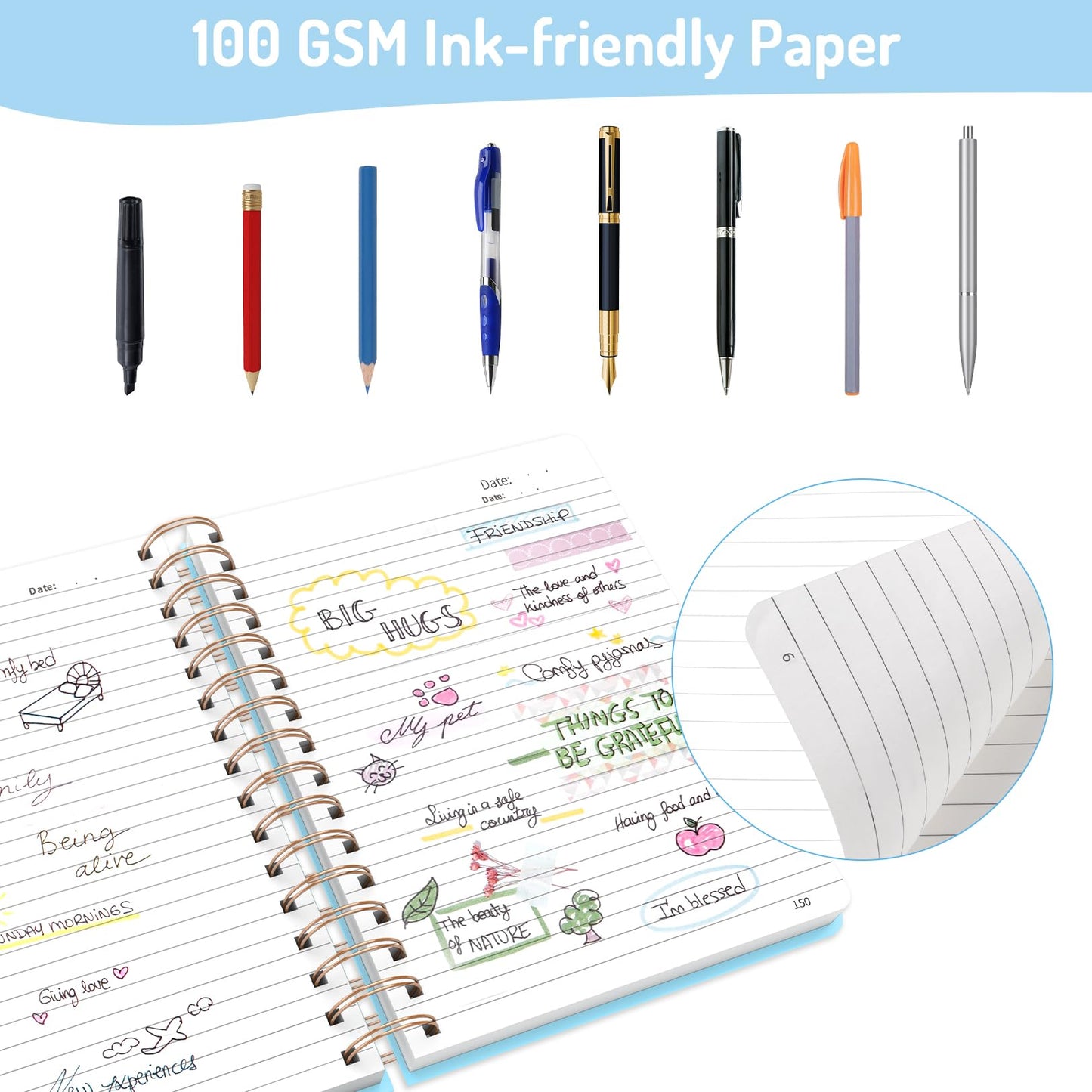 Forvencer Lined Spiral Journal Notebook with 300 Numbered Pages, B5 College Ruled Thick Journals for Writing with 100GSM Paper, Hardcover Notebooks with Contents for Work, School, Women, Men, Black