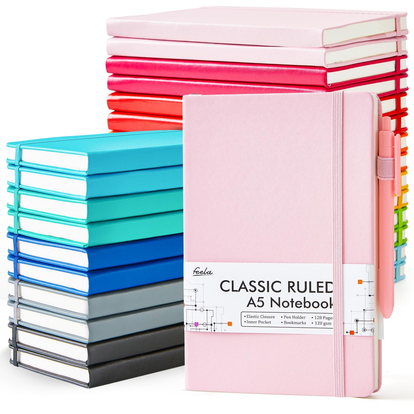 feela 24 Pack Journal Notebook for Work, Business Notebook Bulk Hardcover Lined Writing Journal with Pen Holder for Men Women Note Taking, with 24 Black Pens, 120 GSM, 5.1”x8.3”, A5, Gray