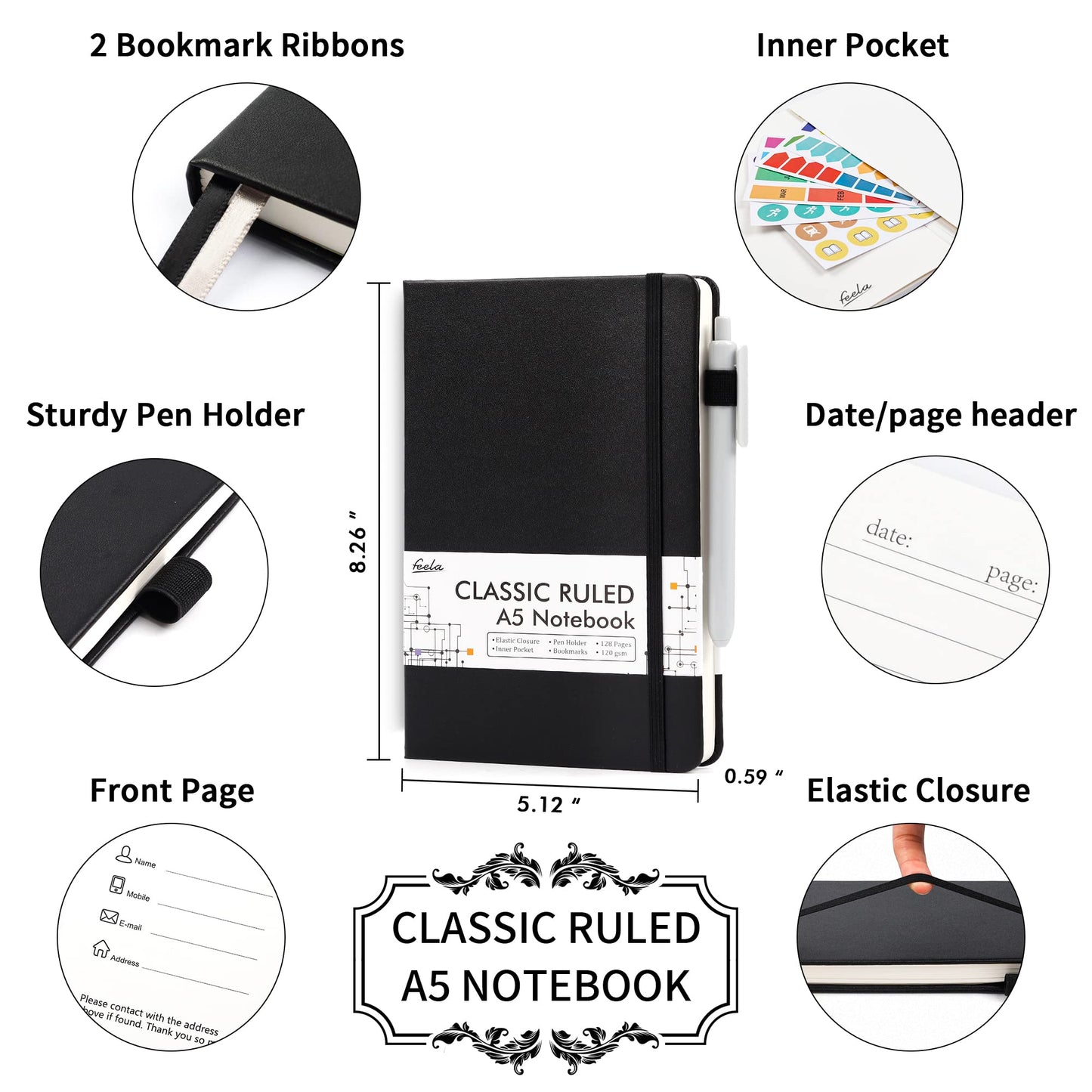feela 24 Pack Journal Notebook for Work, Business Notebook Bulk Hardcover Lined Writing Journal with Pen Holder for Men Women Note Taking, with 24 Black Pens, 120 GSM, 5.1”x8.3”, A5, Gray