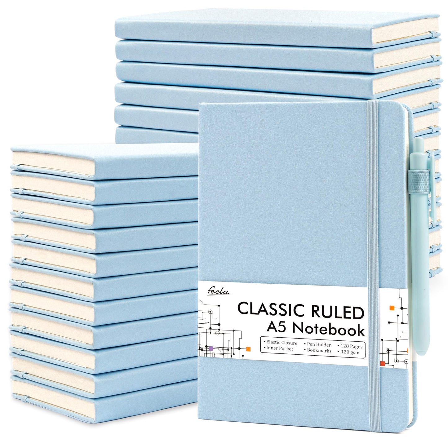 feela 24 Pack Journal Notebook for Work, Business Notebook Bulk Hardcover Lined Writing Journal with Pen Holder for Men Women Note Taking, with 24 Black Pens, 120 GSM, 5.1”x8.3”, A5, Gray