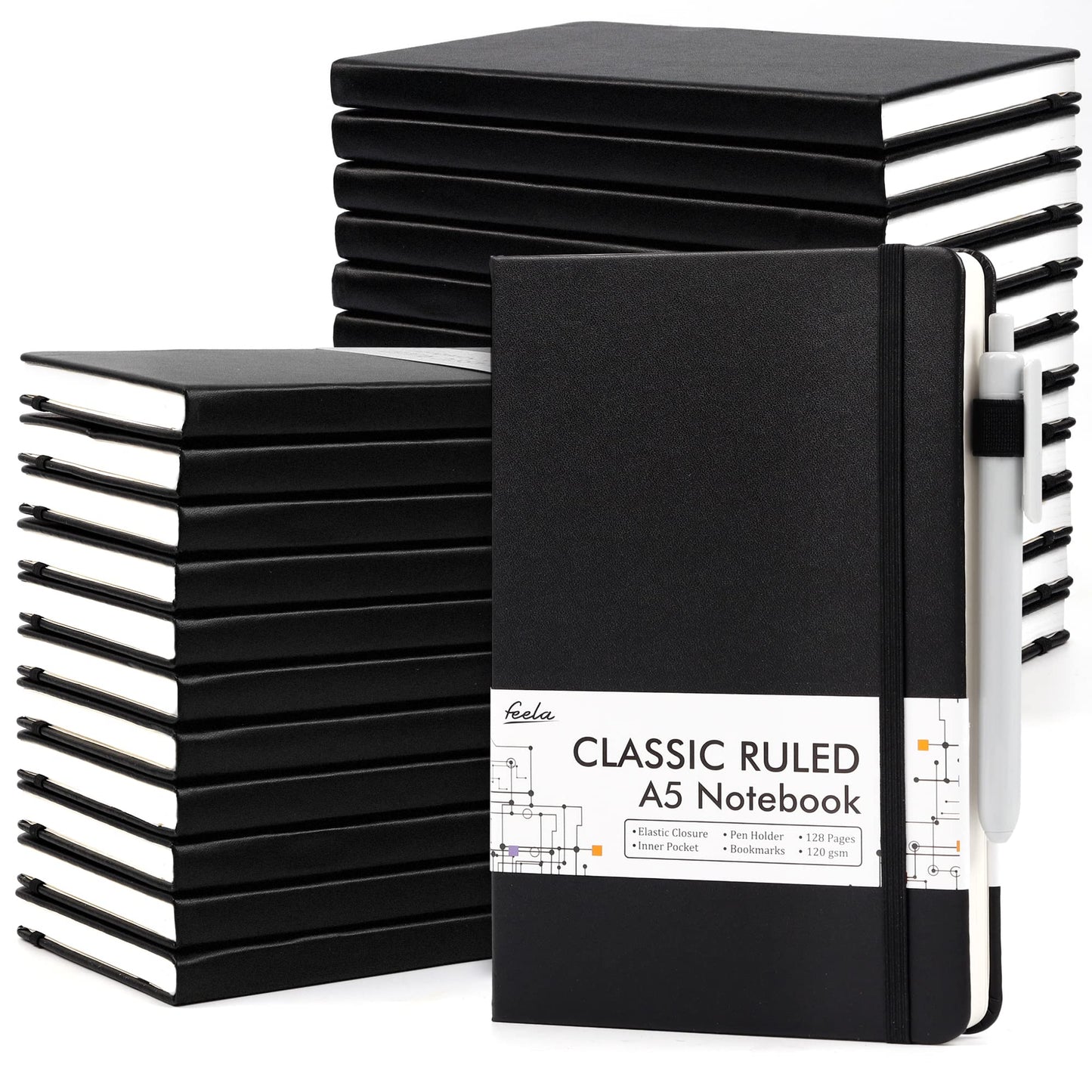 feela 24 Pack Journal Notebook for Work, Business Notebook Bulk Hardcover Lined Writing Journal with Pen Holder for Men Women Note Taking, with 24 Black Pens, 120 GSM, 5.1”x8.3”, A5, Gray
