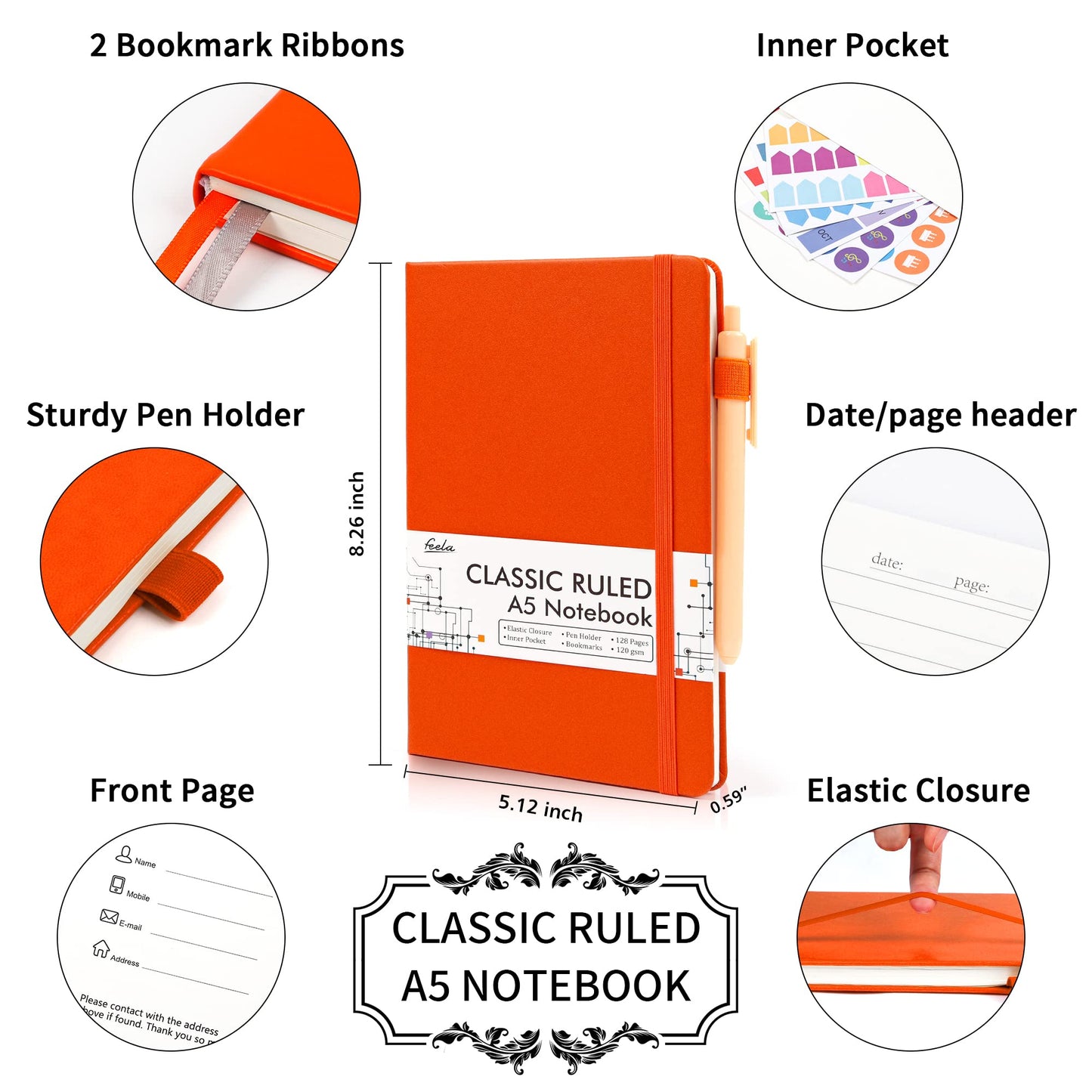 feela 24 Pack Journal Notebook for Work, Business Notebook Bulk Hardcover Lined Writing Journal with Pen Holder for Men Women Note Taking, with 24 Black Pens, 120 GSM, 5.1”x8.3”, A5, Gray