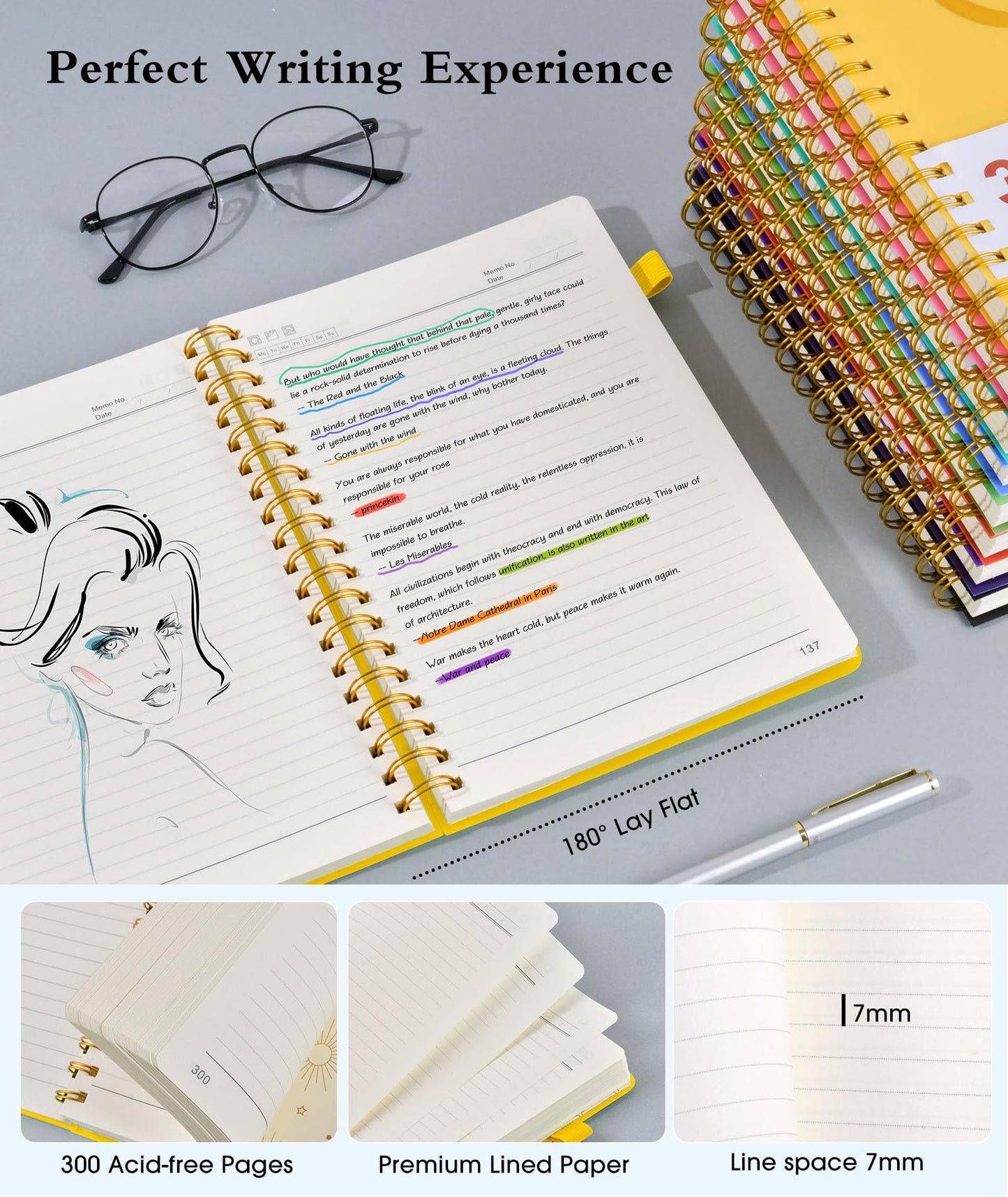Spiral Notebook Journal 5.8" x 8.4",300 Numbered College Ruled Pages,100 GSM Lined Paper,Plastic Hardcover,Large Spiral Bound Journal for Women Men,A4 Notebooks for School Work Writing Business