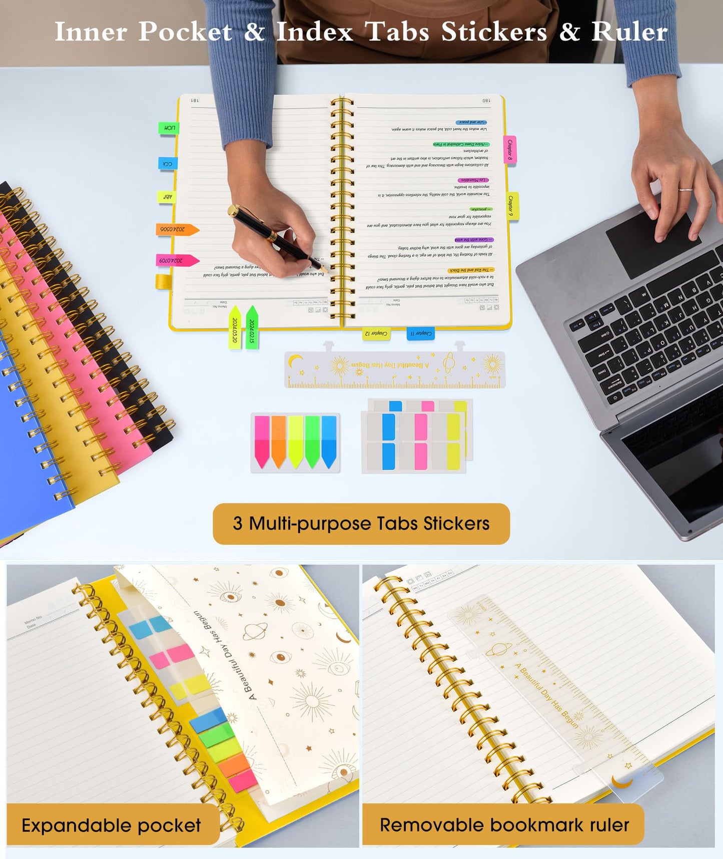 Spiral Notebook Journal 5.8" x 8.4",300 Numbered College Ruled Pages,100 GSM Lined Paper,Plastic Hardcover,Large Spiral Bound Journal for Women Men,A4 Notebooks for School Work Writing Business
