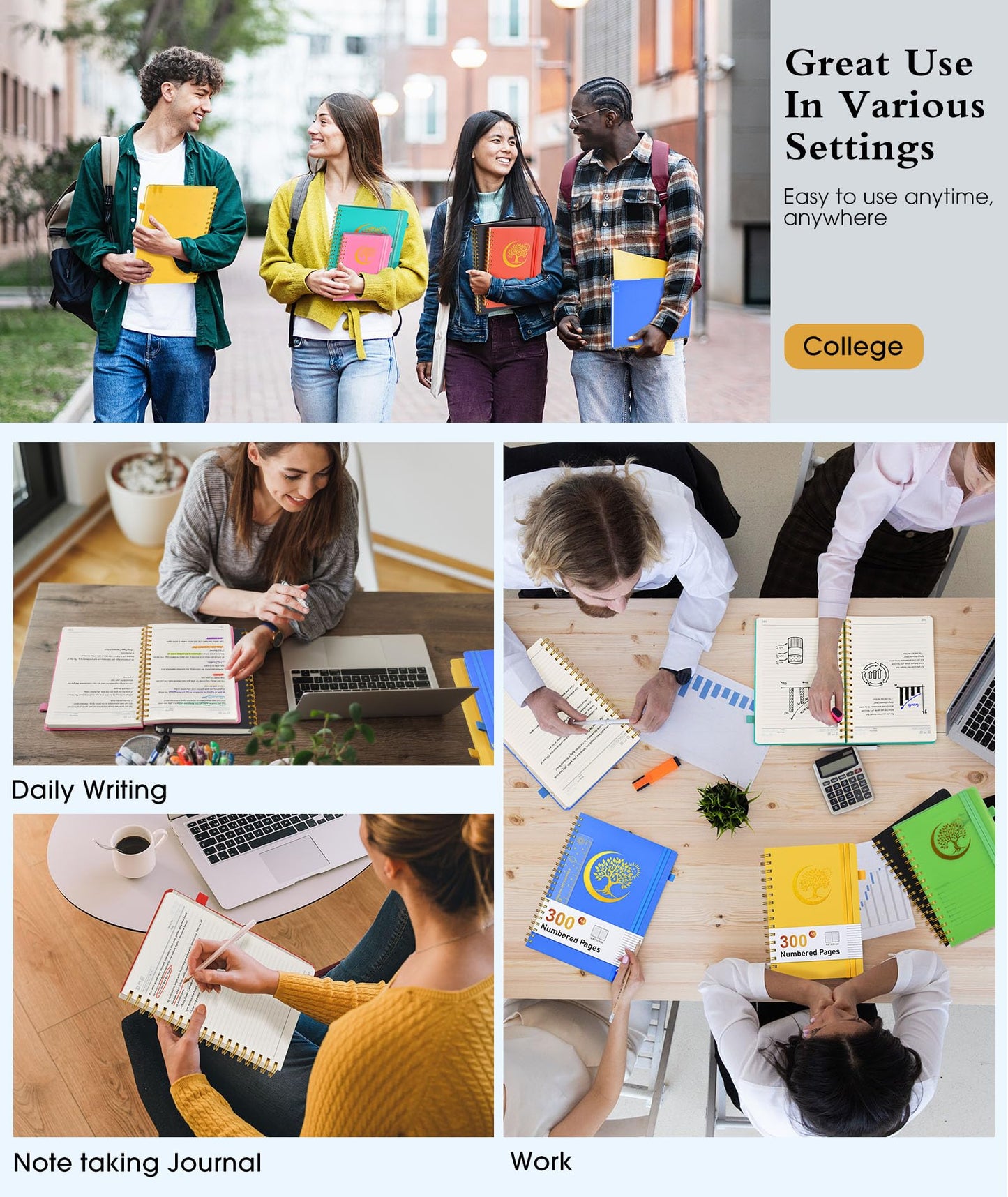 Spiral Notebook Journal 5.8" x 8.4",300 Numbered College Ruled Pages,100 GSM Lined Paper,Plastic Hardcover,Large Spiral Bound Journal for Women Men,A4 Notebooks for School Work Writing Business