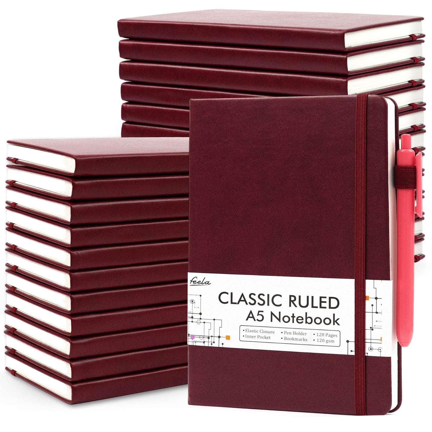 feela 24 Pack Journal Notebook for Work, Business Notebook Bulk Hardcover Lined Writing Journal with Pen Holder for Men Women Note Taking, with 24 Black Pens, 120 GSM, 5.1”x8.3”, A5, Gray